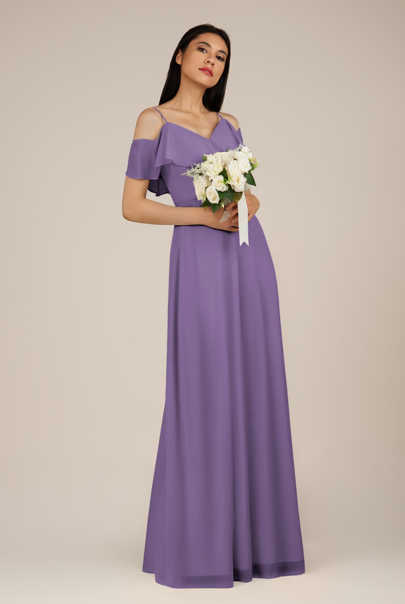 KissDress-Junessa Tahiti A Line Off the Shoulder Chiffon Long Bridesmaid Dress with Ruffles