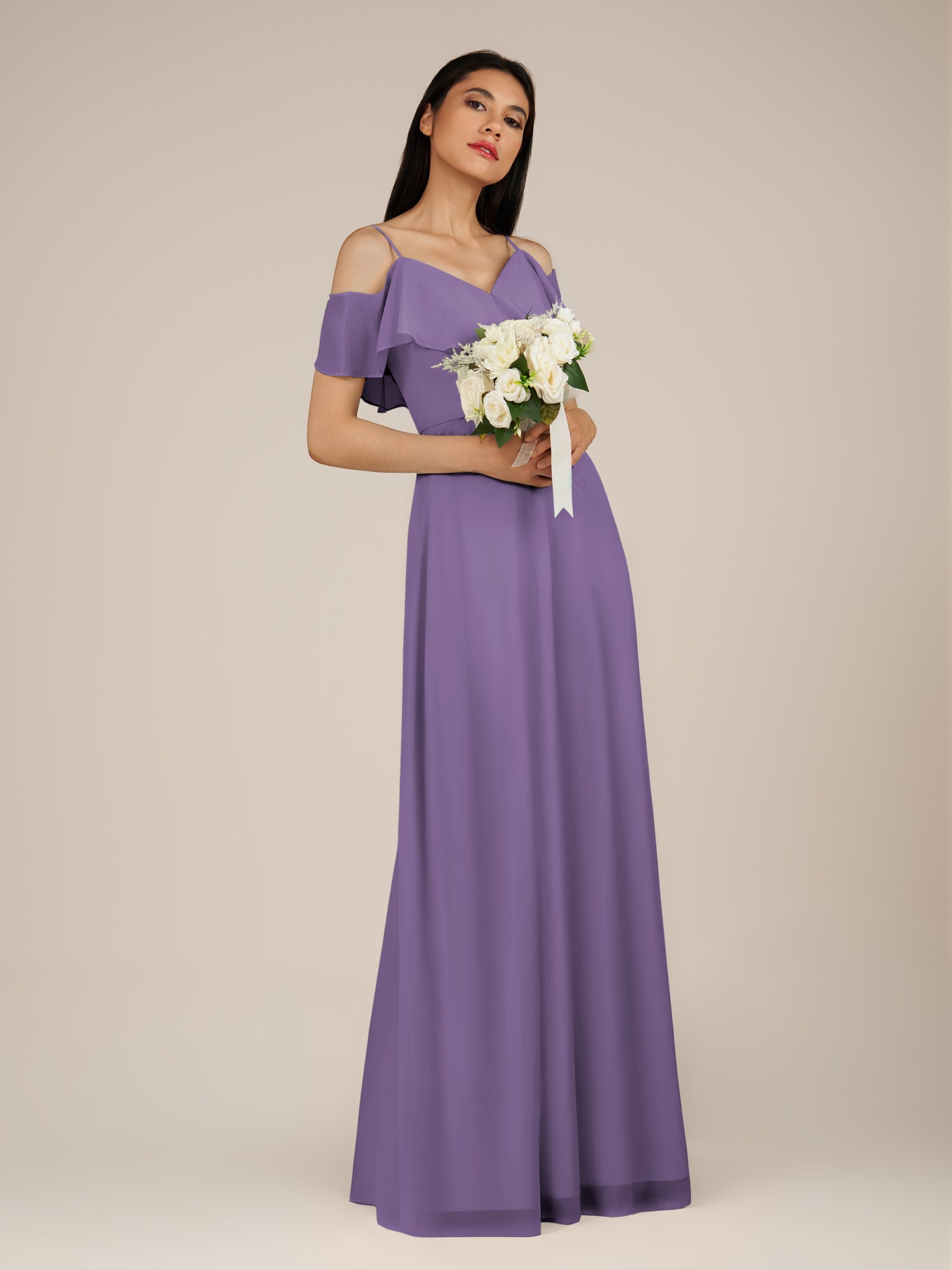 KissDress-Junessa Tahiti A Line Off the Shoulder Chiffon Long Bridesmaid Dress with Ruffles