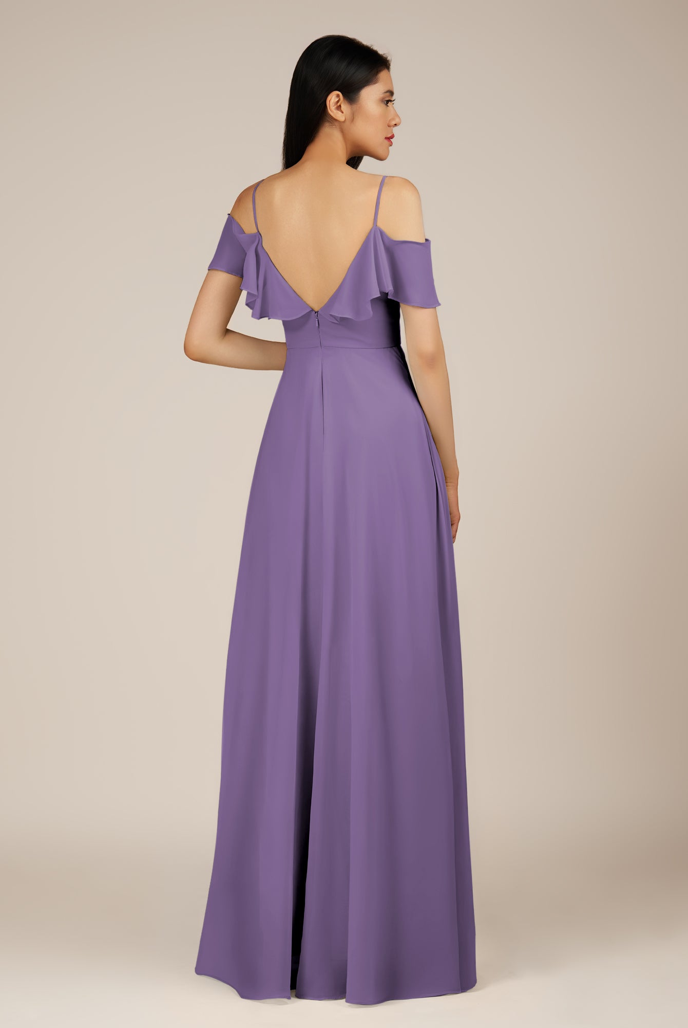 KissDress-Junessa Tahiti A Line Off the Shoulder Chiffon Long Bridesmaid Dress with Ruffles