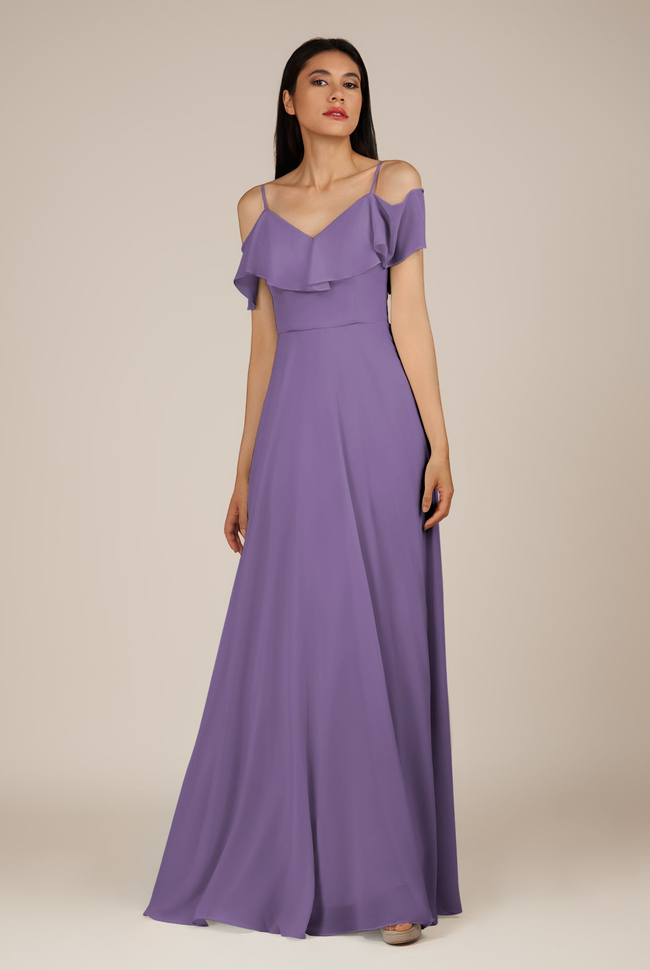 KissDress-Junessa Tahiti A Line Off the Shoulder Chiffon Long Bridesmaid Dress with Ruffles