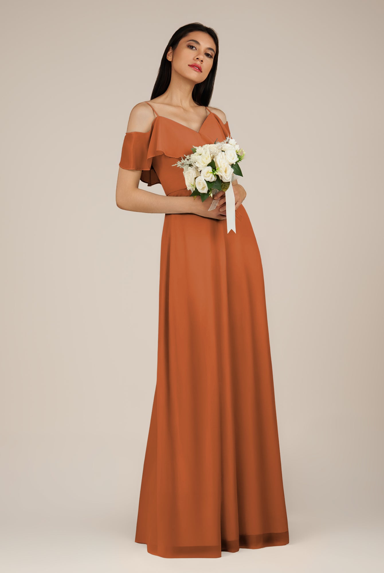 KissDress-Junessa Terracotta A Line Off the Shoulder Chiffon Long Bridesmaid Dress with Ruffles