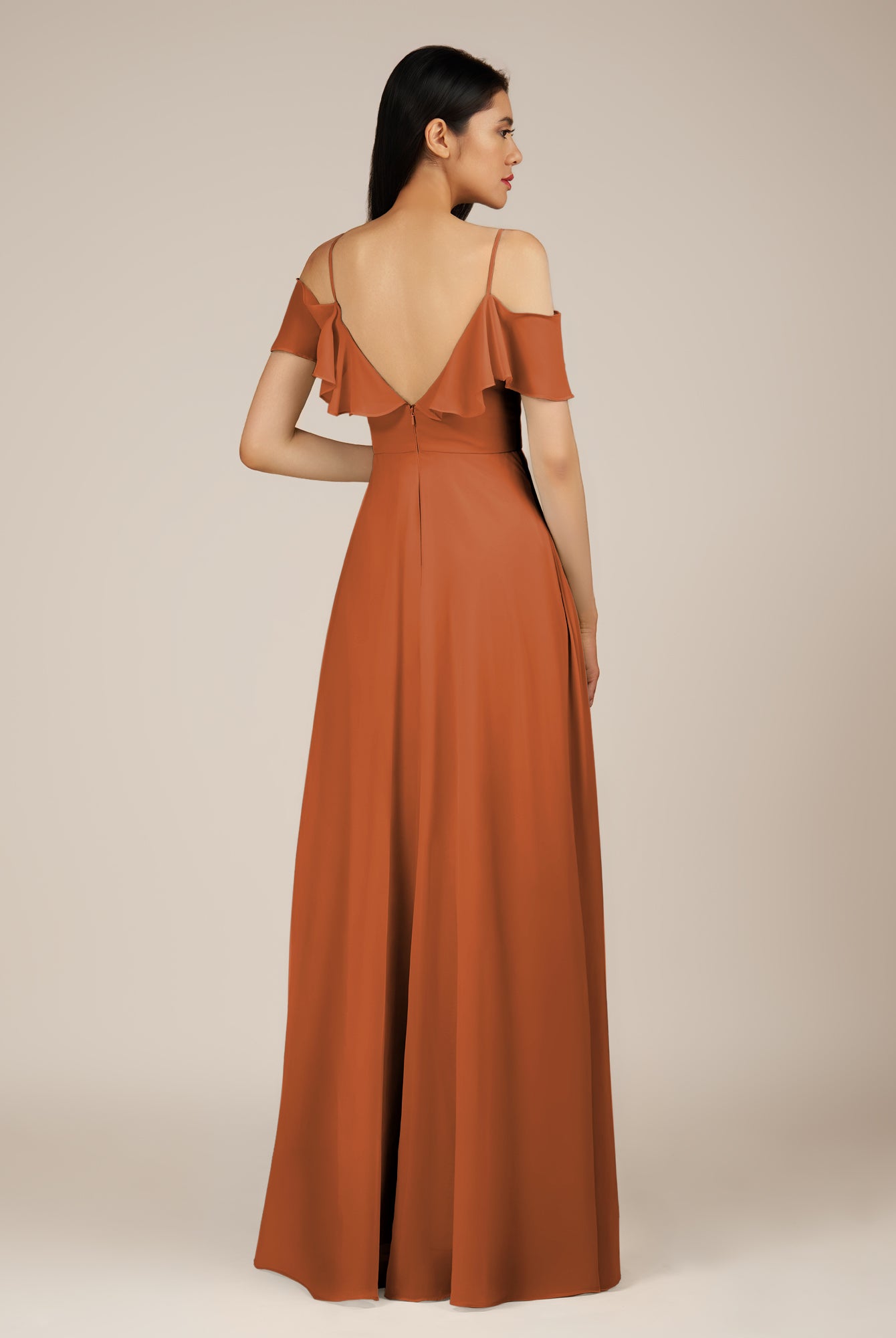 KissDress-Junessa Terracotta A Line Off the Shoulder Chiffon Long Bridesmaid Dress with Ruffles