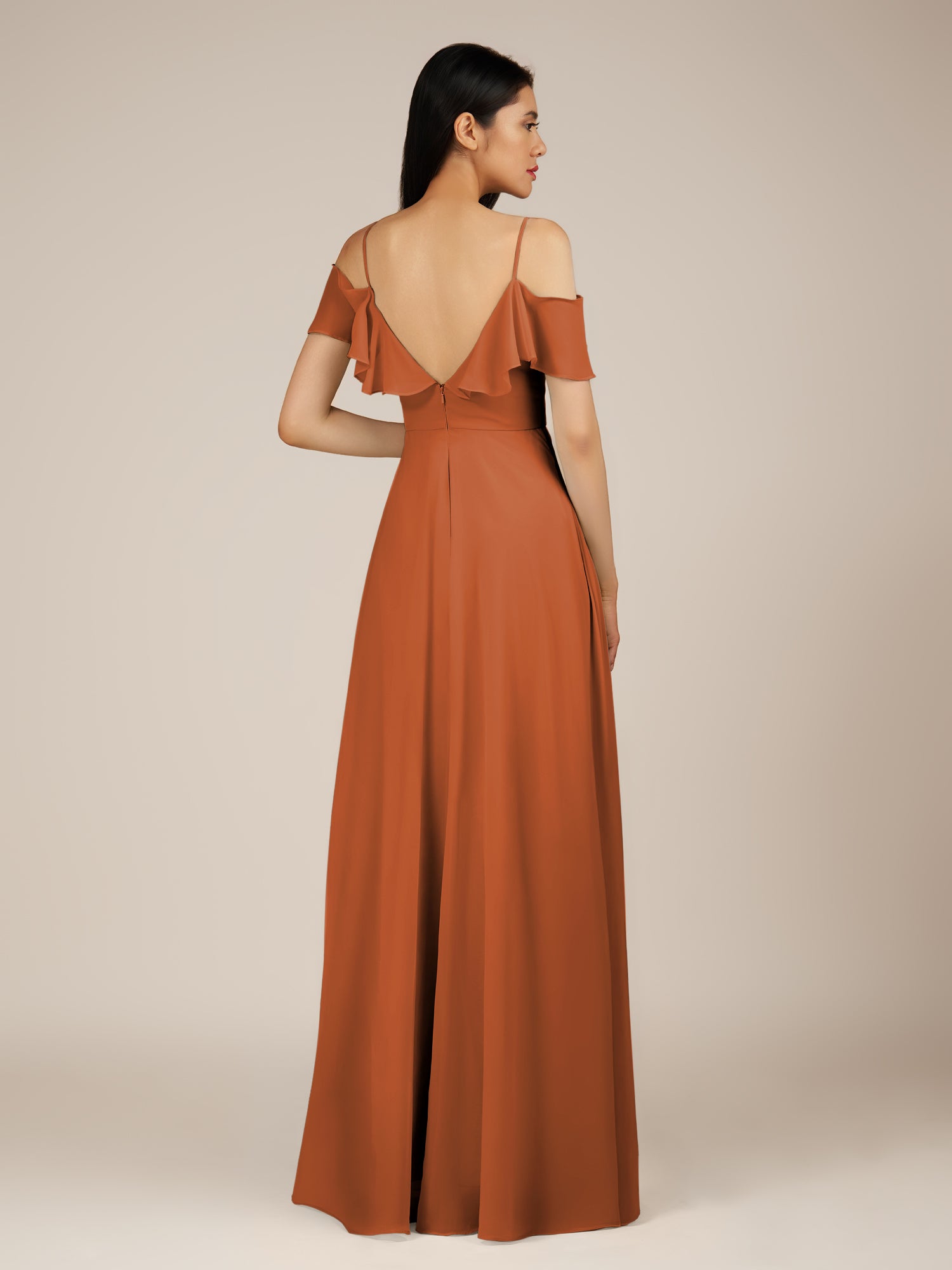 KissDress-Junessa Terracotta A Line Off the Shoulder Chiffon Long Bridesmaid Dress with Ruffles