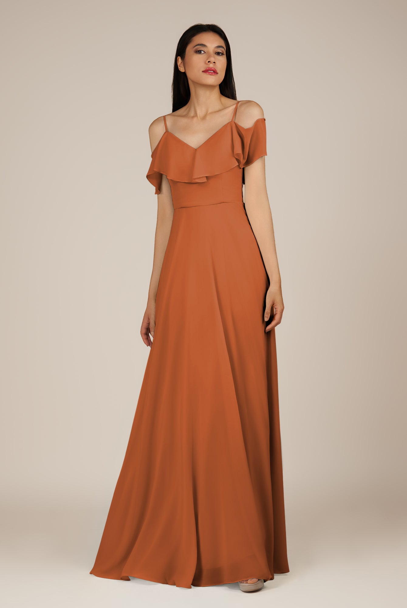 KissDress-Junessa Terracotta A Line Off the Shoulder Chiffon Long Bridesmaid Dress with Ruffles