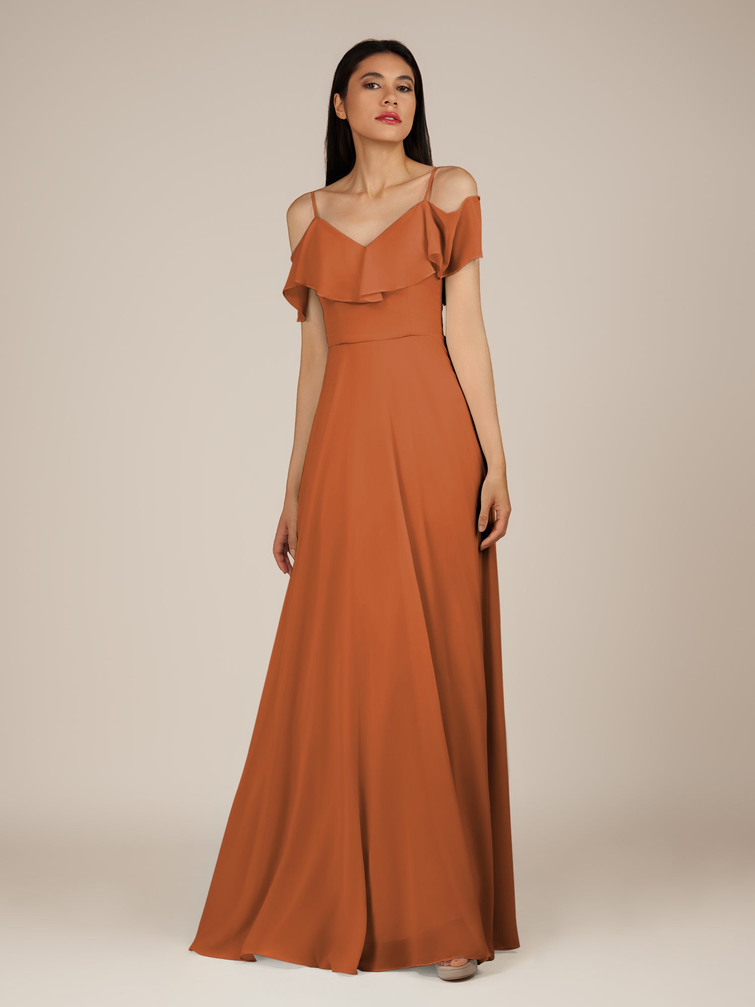 KissDress-Junessa Terracotta A Line Off the Shoulder Chiffon Long Bridesmaid Dress with Ruffles