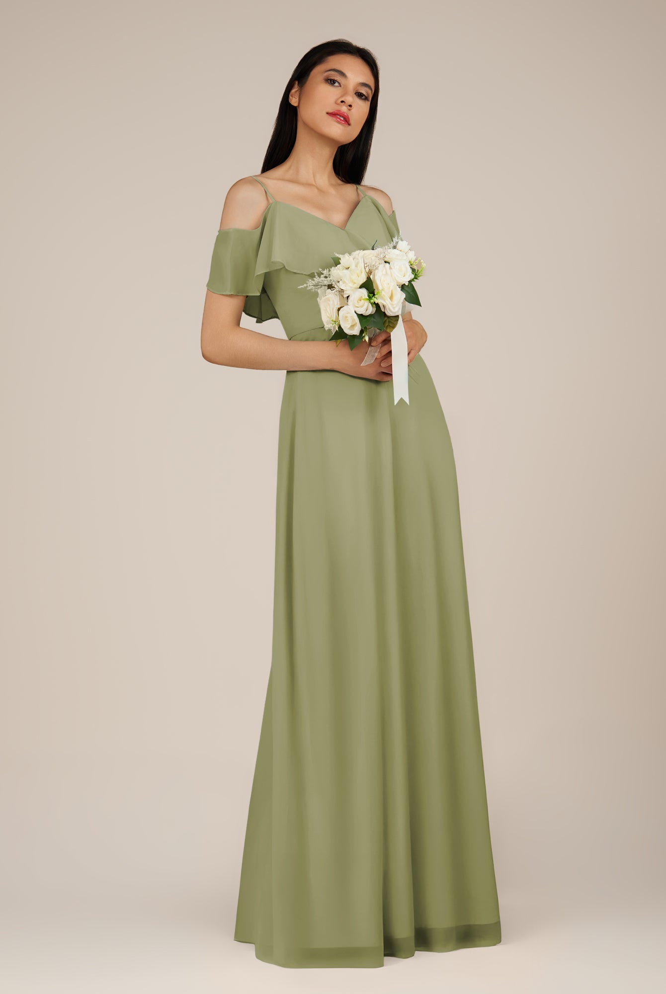 KissDress-Junessa Thyme A Line Off the Shoulder Chiffon Long Bridesmaid Dress with Ruffles