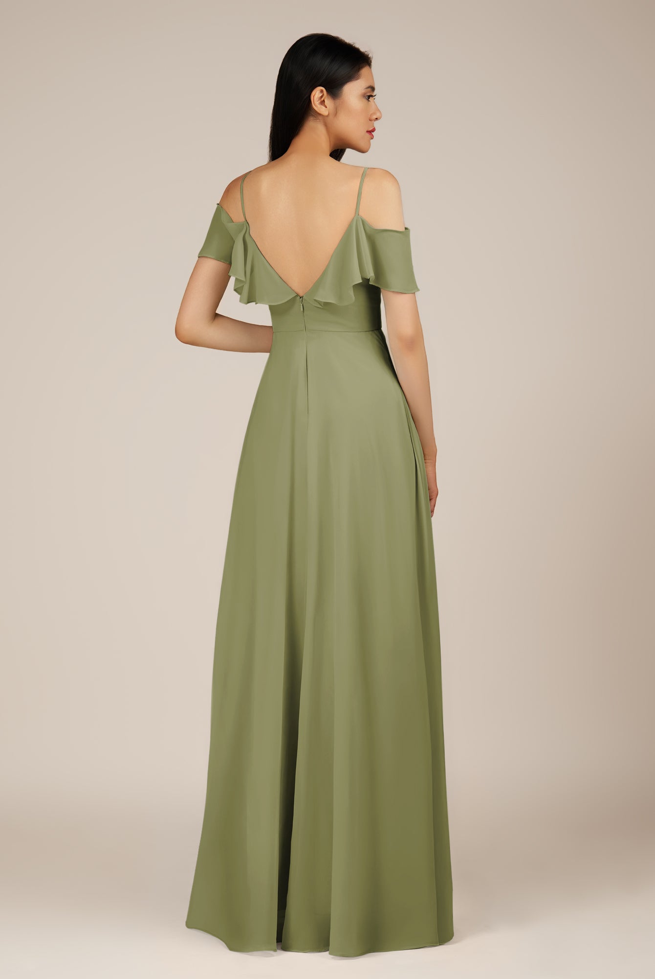 KissDress-Junessa Thyme A Line Off the Shoulder Chiffon Long Bridesmaid Dress with Ruffles
