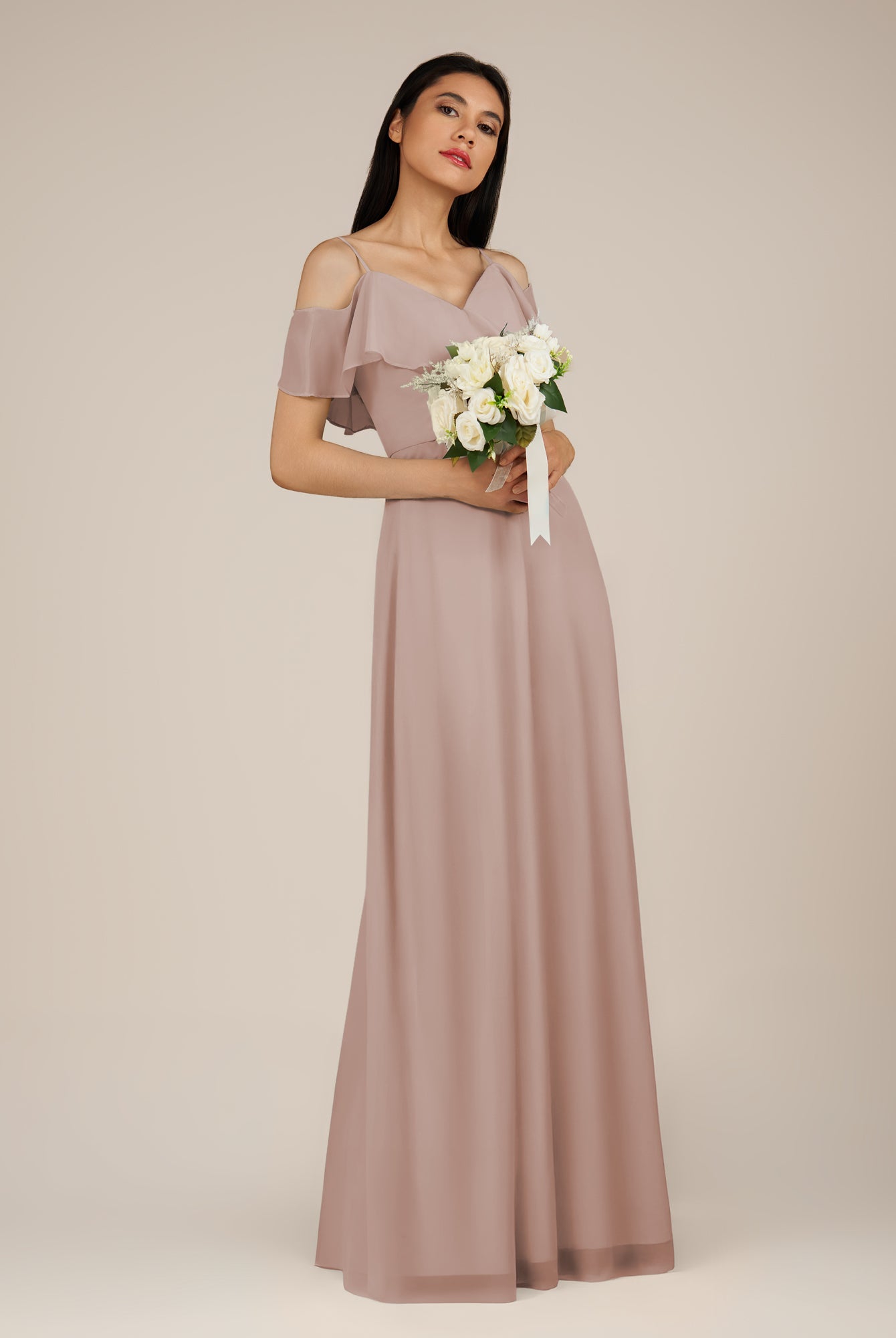 KissDress-Junessa Toffee A Line Off the Shoulder Chiffon Long Bridesmaid Dress with Ruffles
