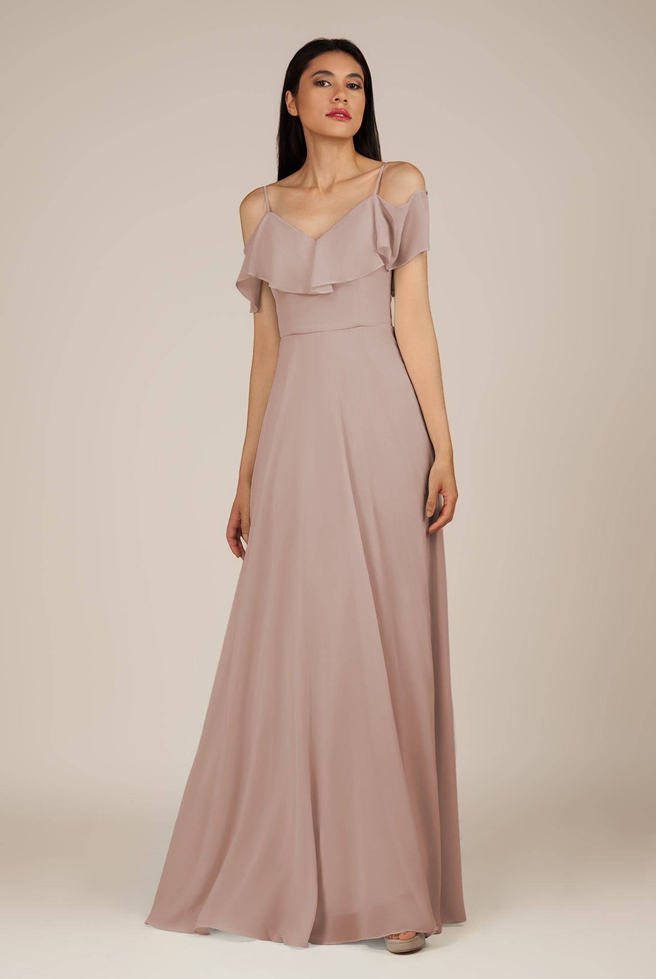 KissDress-Junessa Toffee A Line Off the Shoulder Chiffon Long Bridesmaid Dress with Ruffles