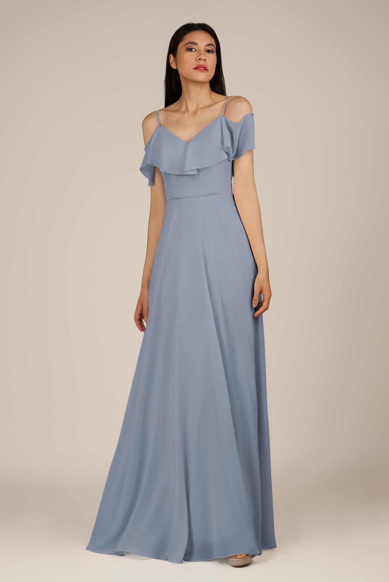 KissDress-Junessa Twilight A Line Off the Shoulder Chiffon Long Bridesmaid Dress with Ruffles
