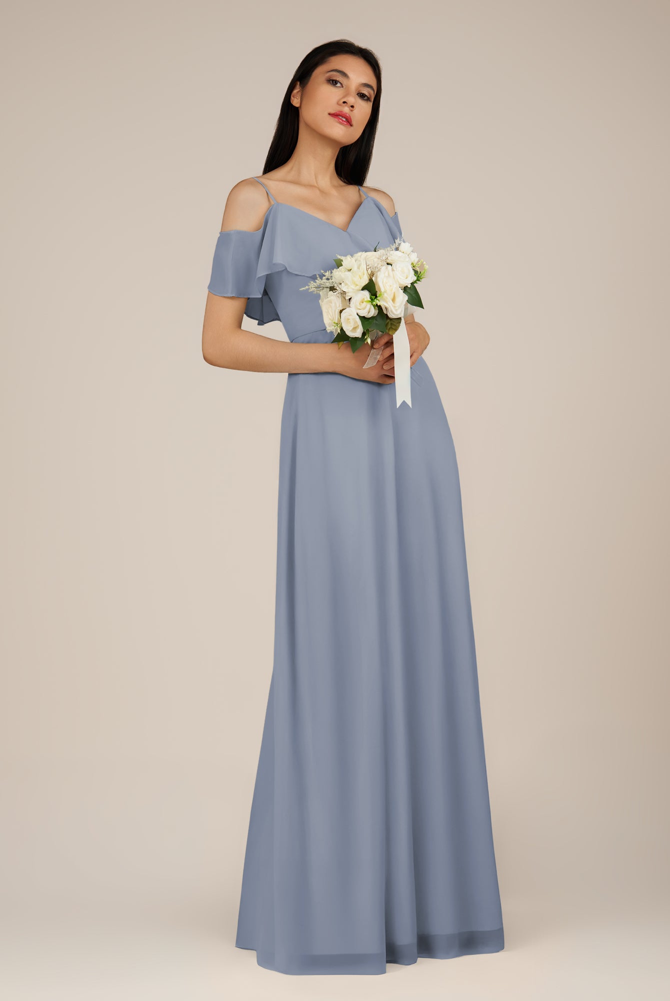 KissDress-Junessa Twilight A Line Off the Shoulder Chiffon Long Bridesmaid Dress with Ruffles