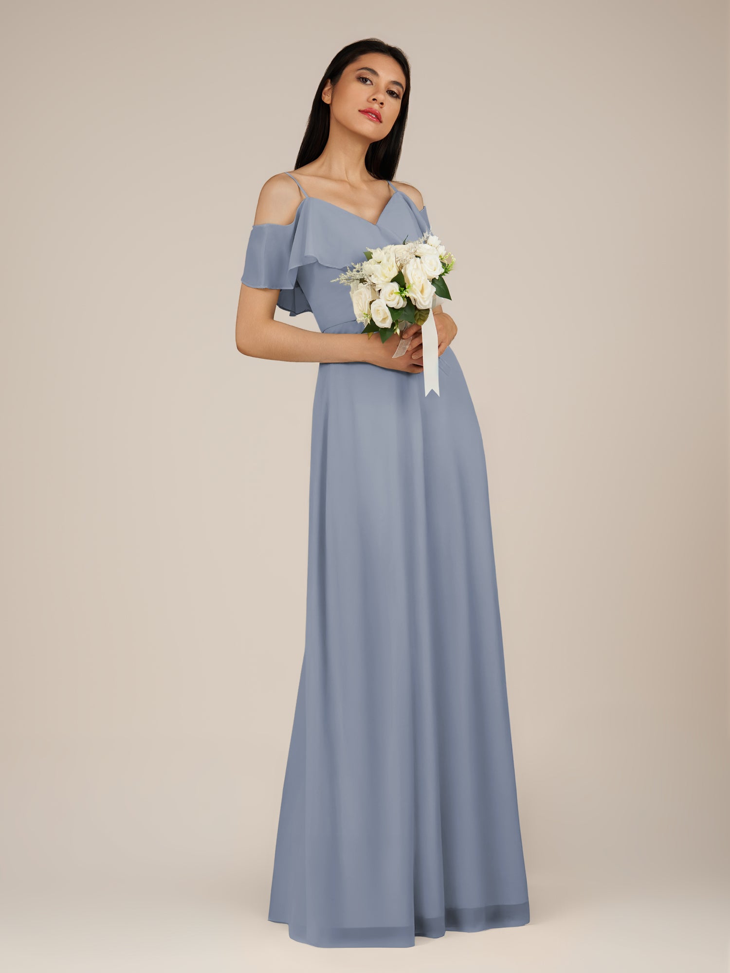KissDress-Junessa Twilight A Line Off the Shoulder Chiffon Long Bridesmaid Dress with Ruffles