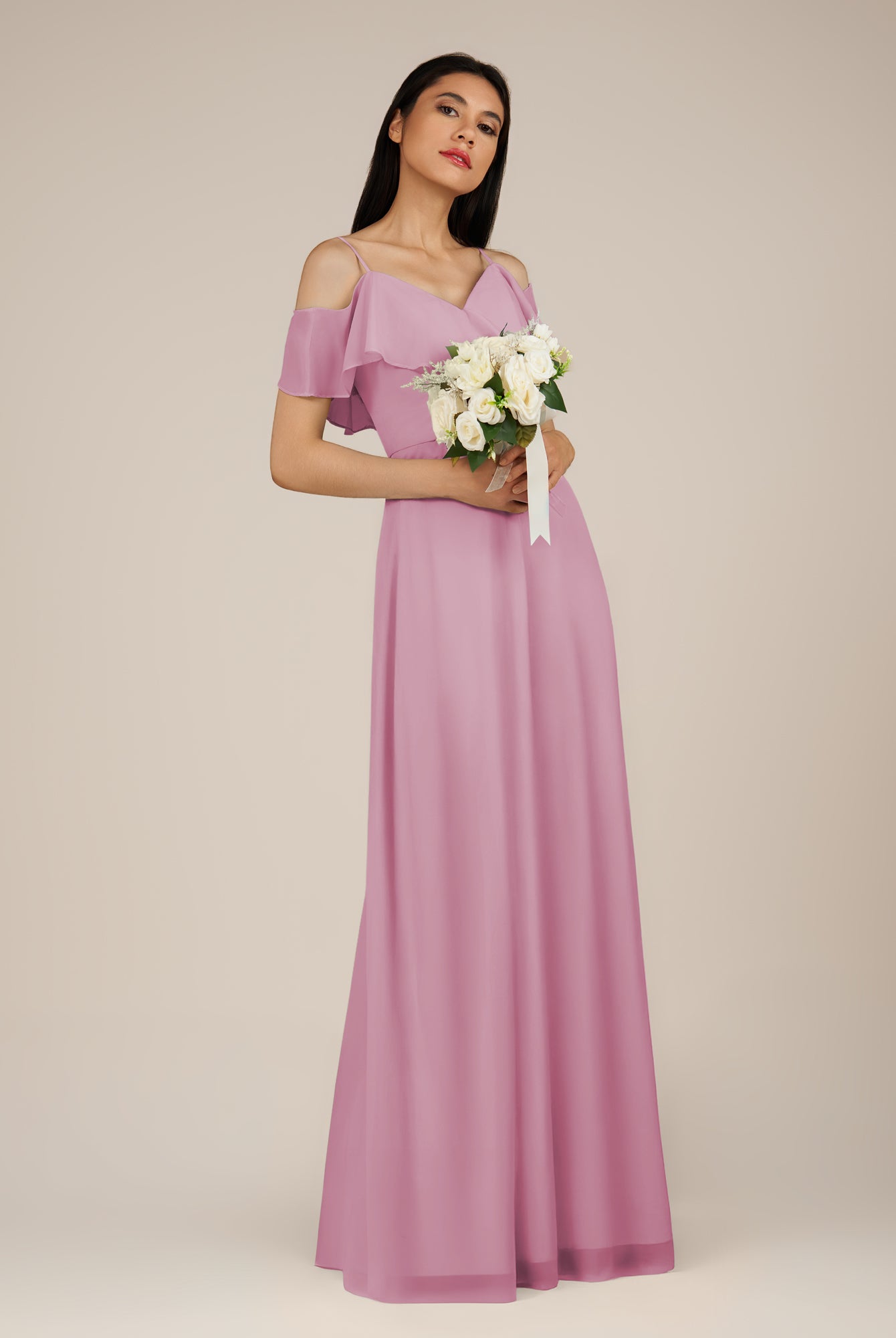 KissDress-Junessa Vintage Mauve A Line Off the Shoulder Chiffon Long Bridesmaid Dress with Ruffles