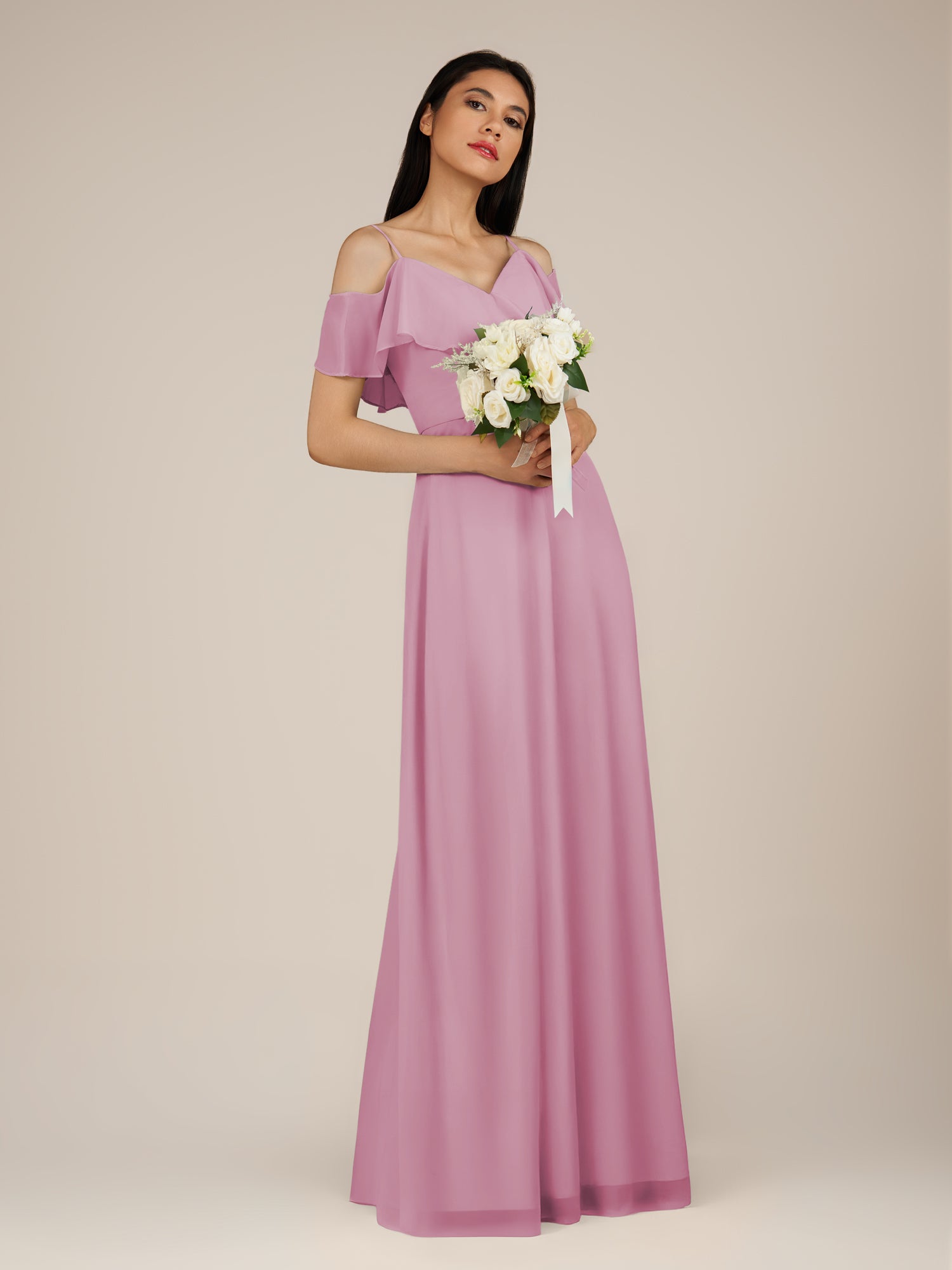 KissDress-Junessa Vintage Mauve A Line Off the Shoulder Chiffon Long Bridesmaid Dress with Ruffles