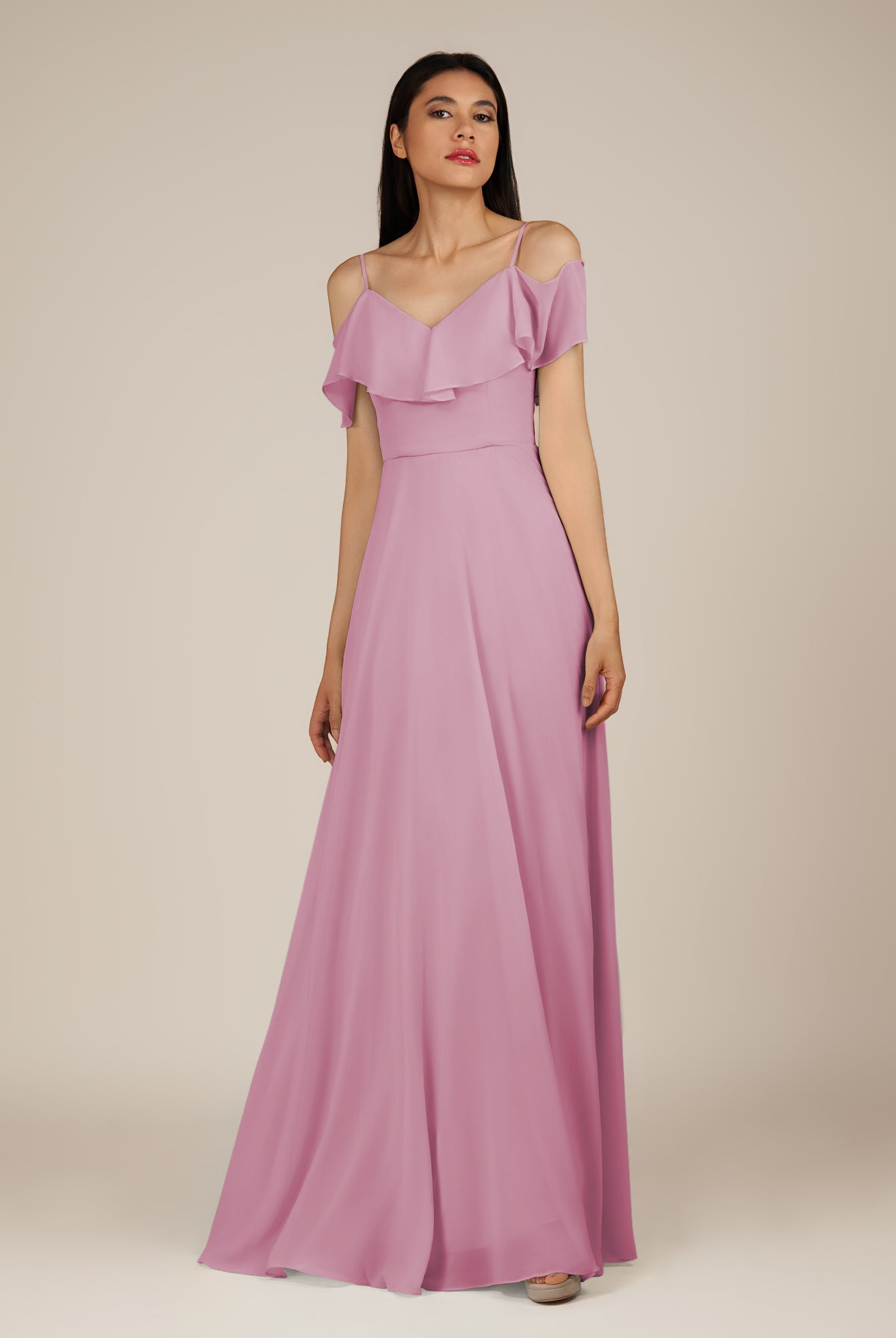 KissDress-Junessa Vintage Mauve A Line Off the Shoulder Chiffon Long Bridesmaid Dress with Ruffles