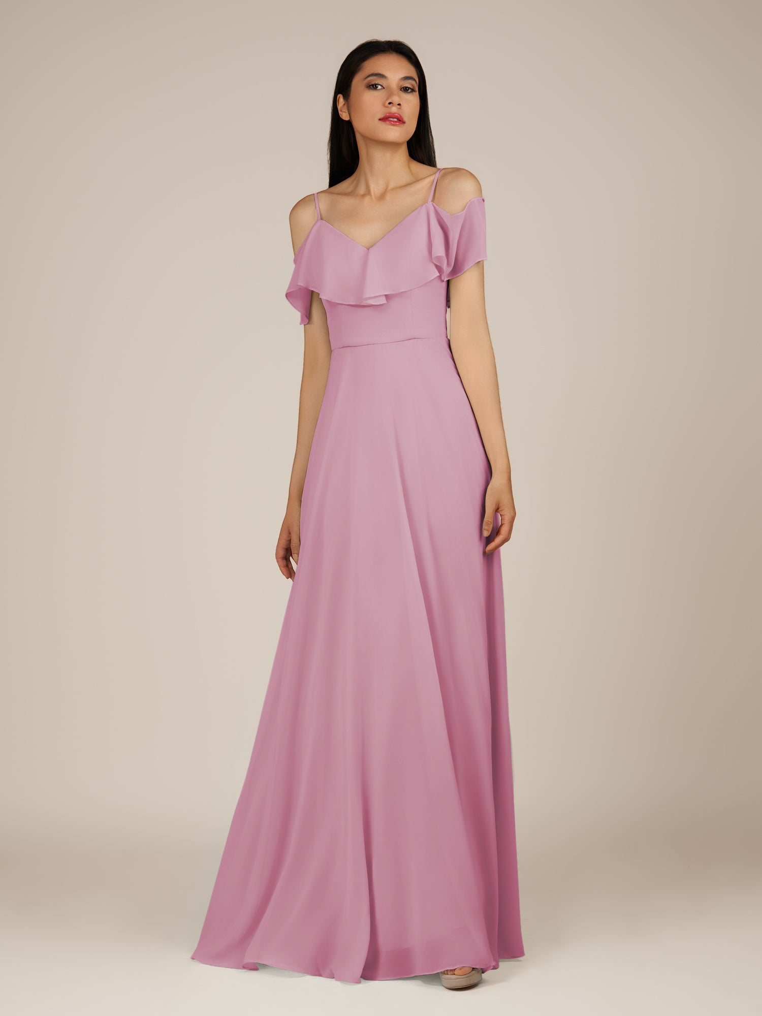 KissDress-Junessa Vintage Mauve A Line Off the Shoulder Chiffon Long Bridesmaid Dress with Ruffles