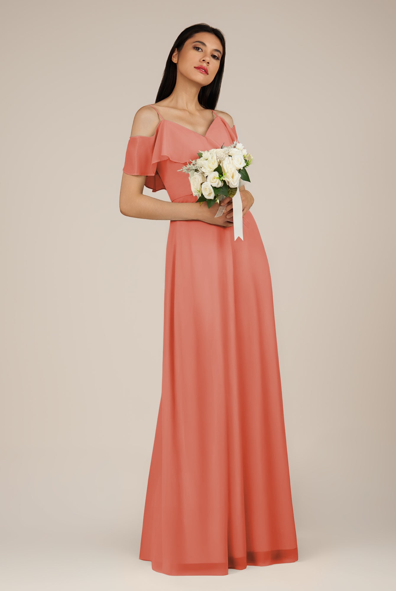 KissDress-Junessa Wild Rose A Line Off the Shoulder Chiffon Long Bridesmaid Dress with Ruffles
