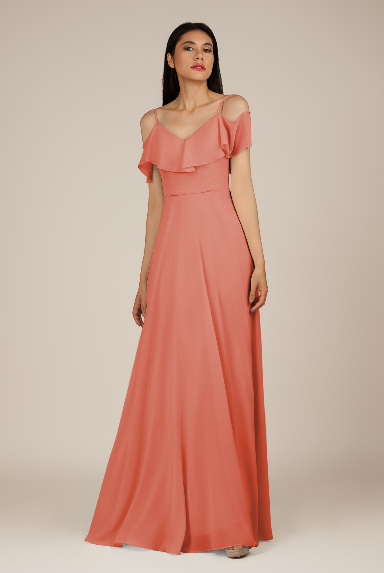 KissDress-Junessa Wild Rose A Line Off the Shoulder Chiffon Long Bridesmaid Dress with Ruffles