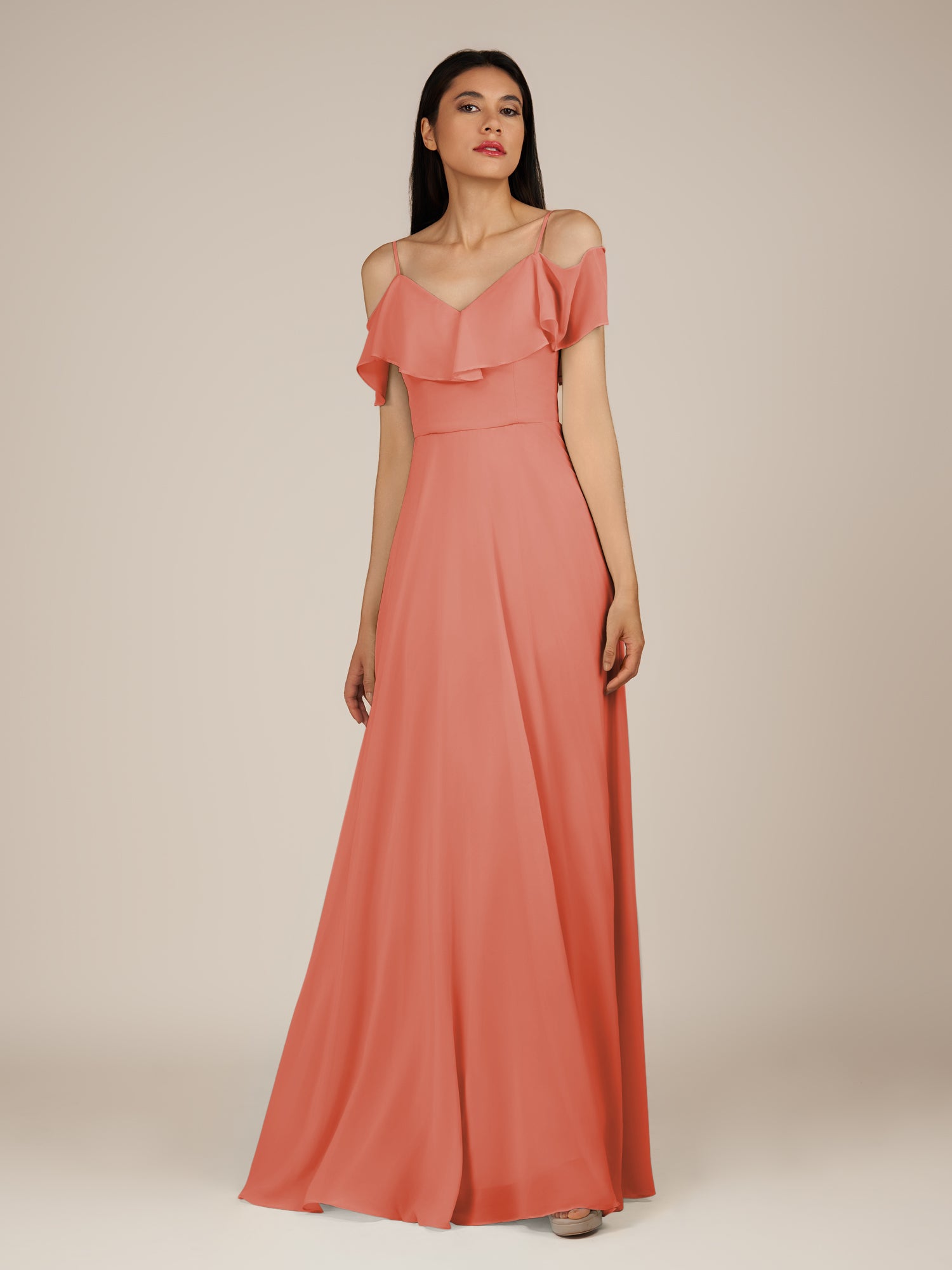 KissDress-Junessa Wild Rose A Line Off the Shoulder Chiffon Long Bridesmaid Dress with Ruffles