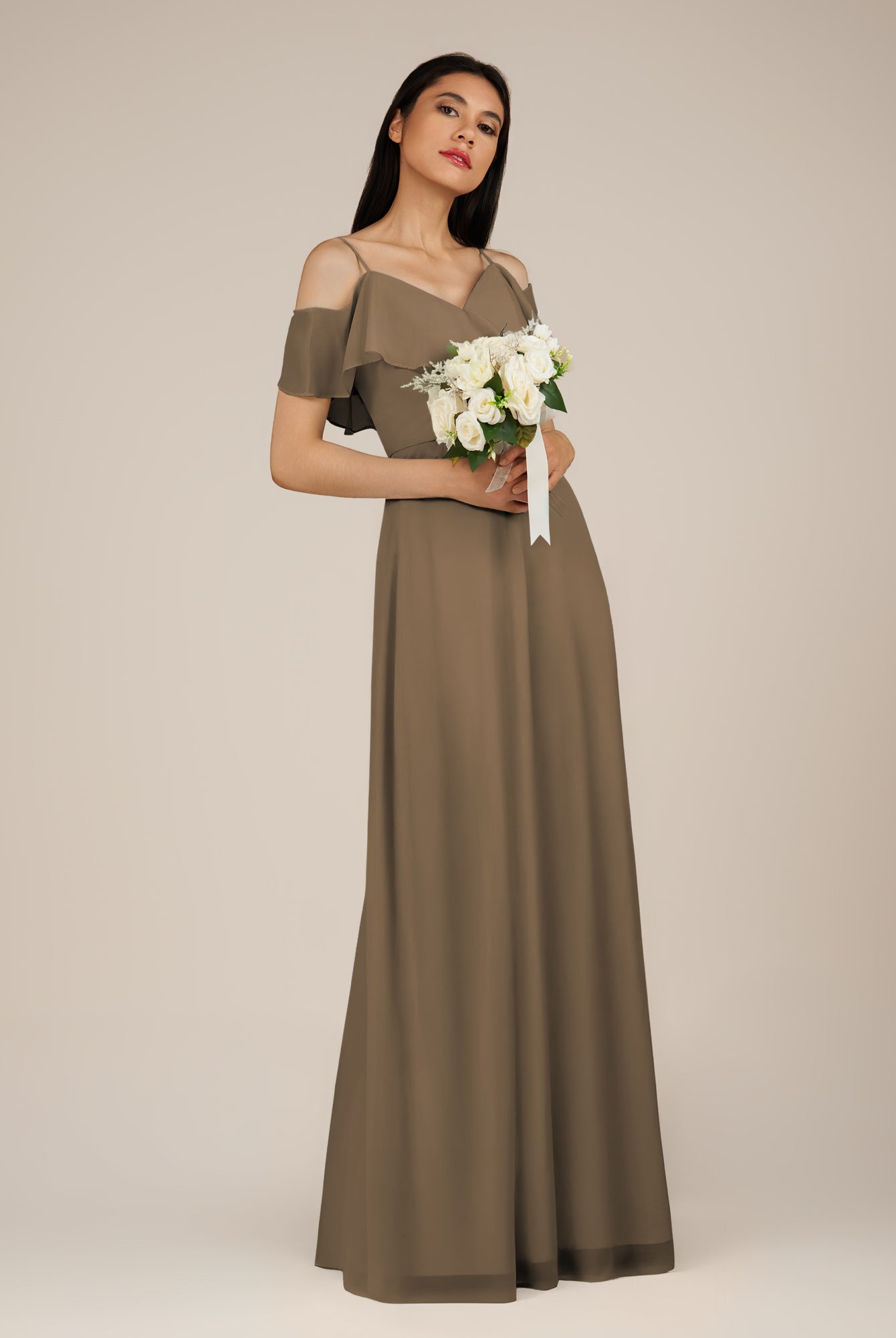 KissDress-Junessa Willow Green A Line Off the Shoulder Chiffon Long Bridesmaid Dress with Ruffles