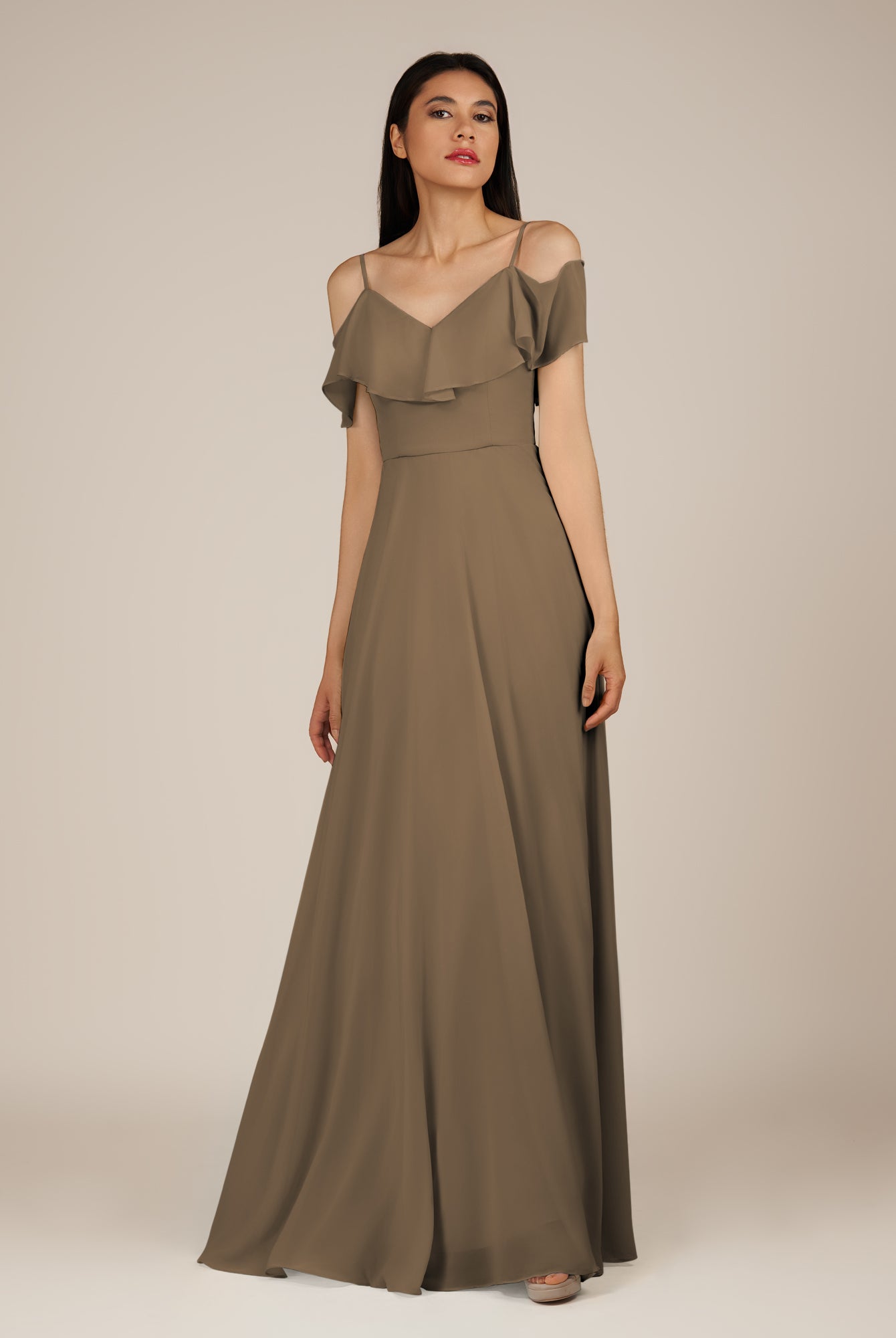 KissDress-Junessa Willow Green A Line Off the Shoulder Chiffon Long Bridesmaid Dress with Ruffles