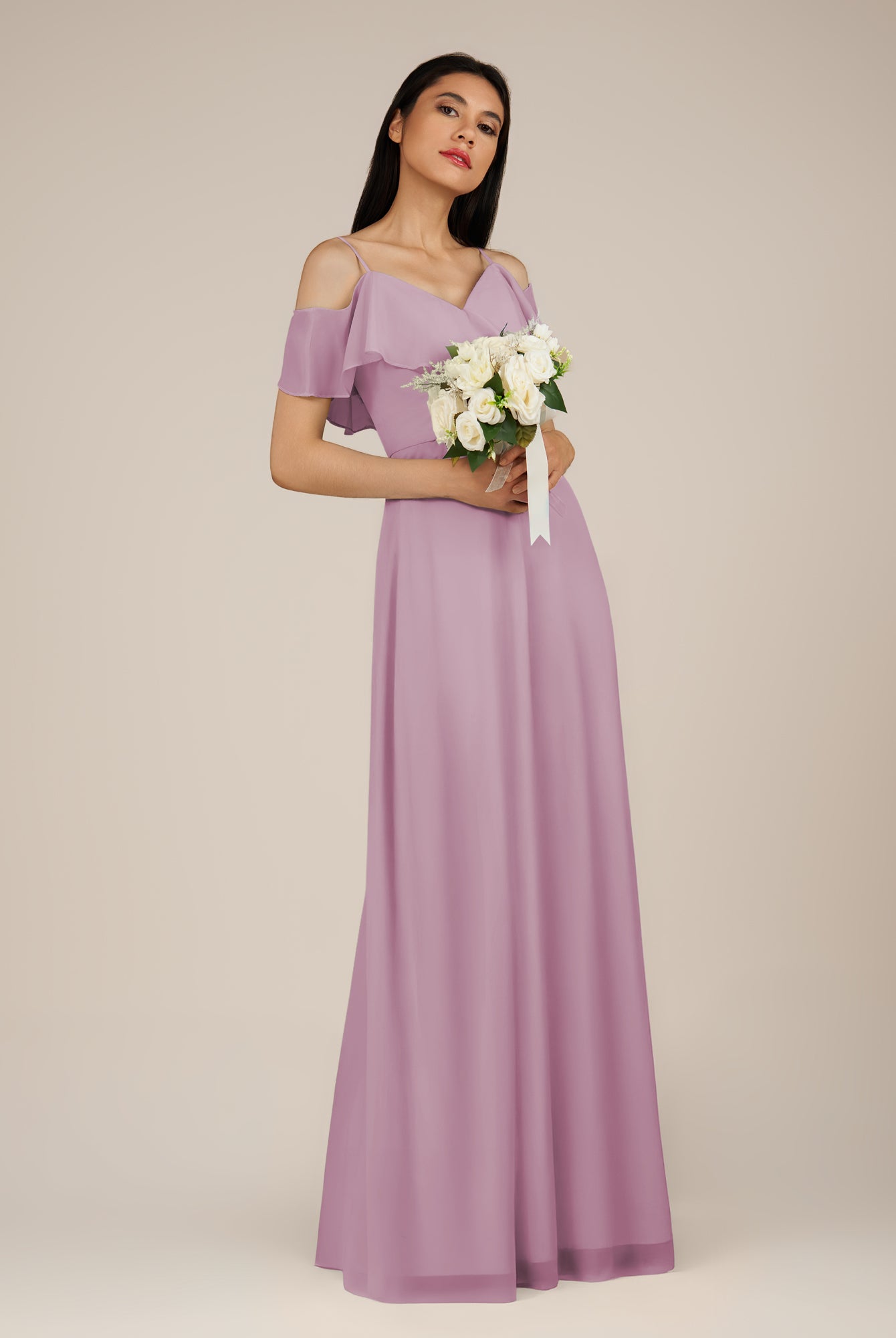 KissDress-Junessa Wisteria A Line Off the Shoulder Chiffon Long Bridesmaid Dress with Ruffles