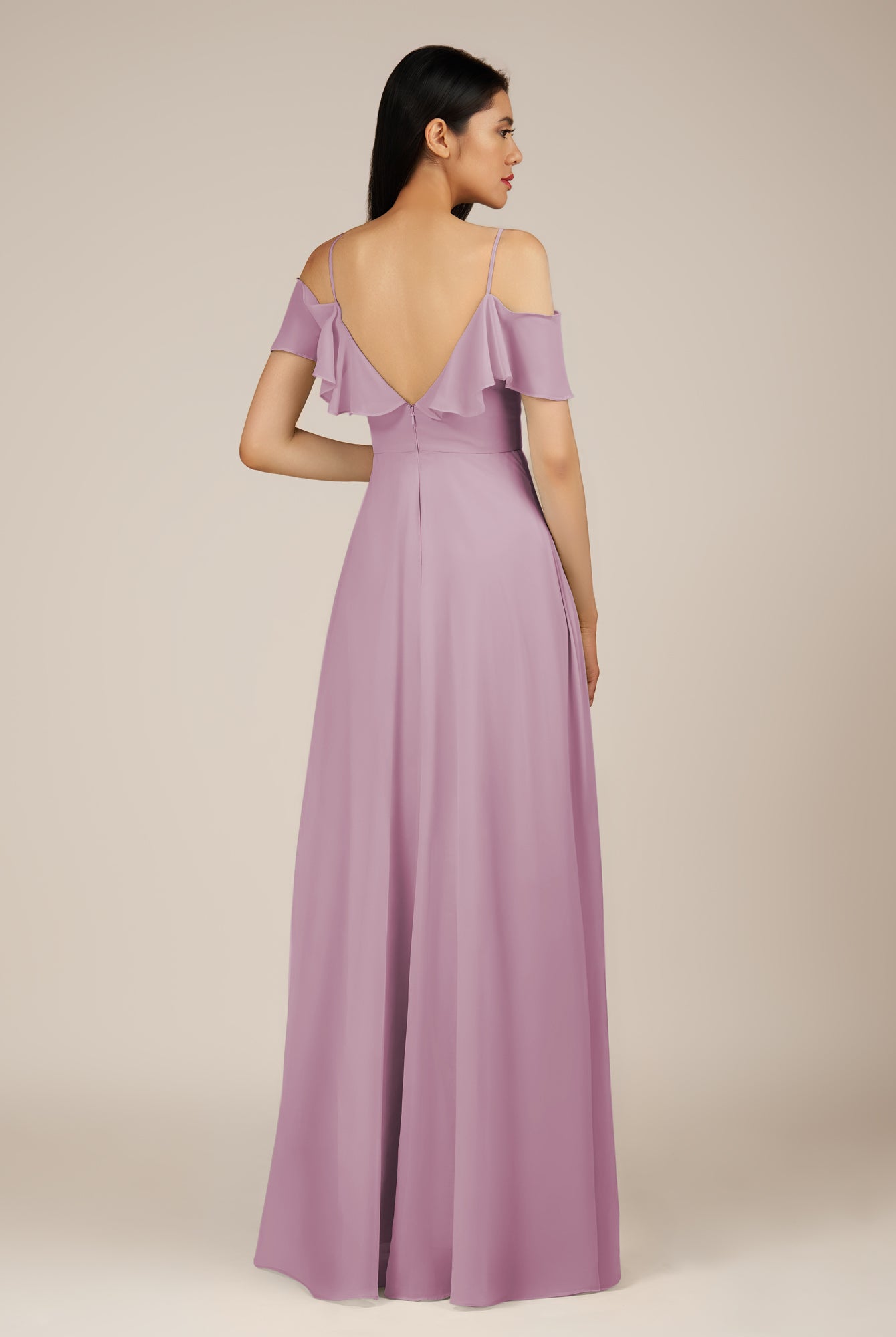 KissDress-Junessa Wisteria A Line Off the Shoulder Chiffon Long Bridesmaid Dress with Ruffles