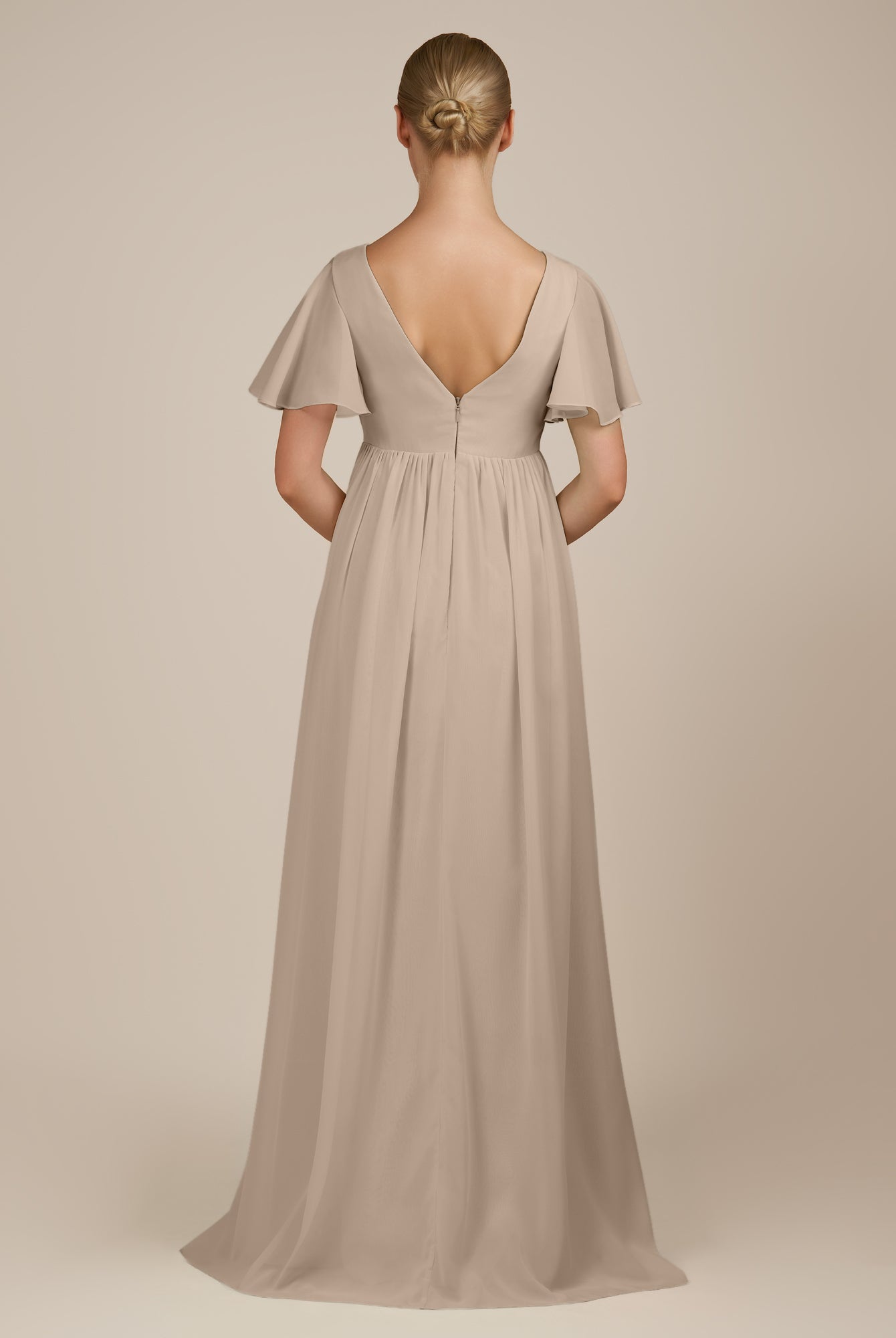 KissDress-Junia Almond A Line V Neck Chiffon Cap Sleeves Long Bridesmaid Dress with Slit