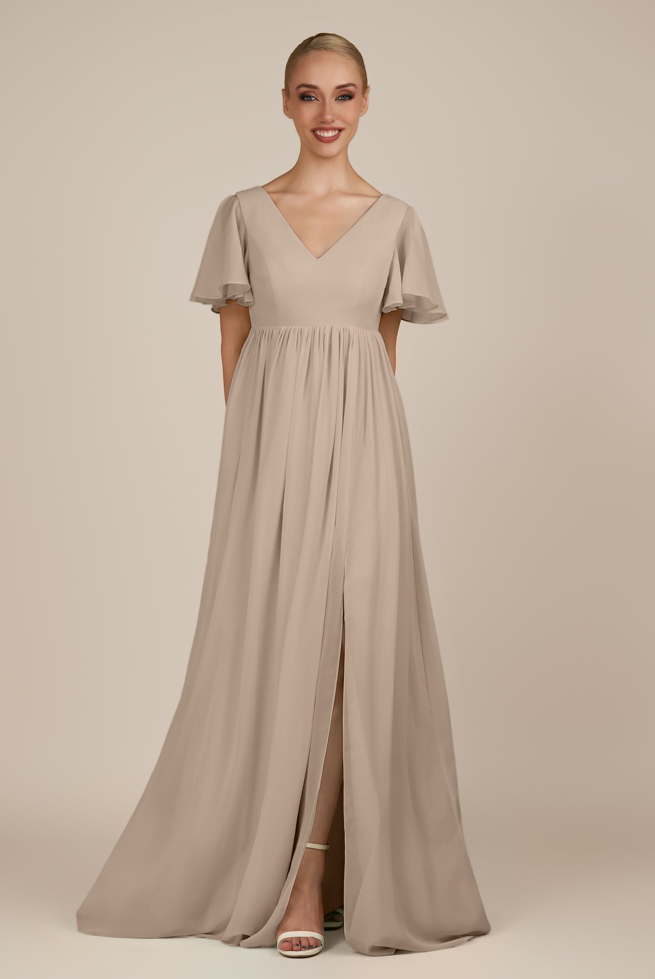 KissDress-Junia Almond A Line V Neck Chiffon Cap Sleeves Long Bridesmaid Dress with Slit