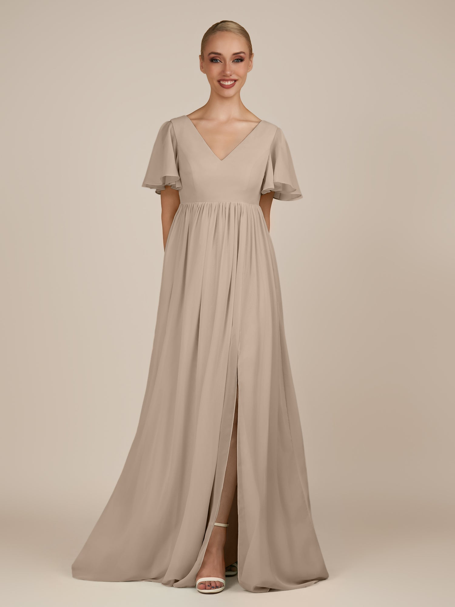 KissDress-Junia Almond A Line V Neck Chiffon Cap Sleeves Long Bridesmaid Dress with Slit