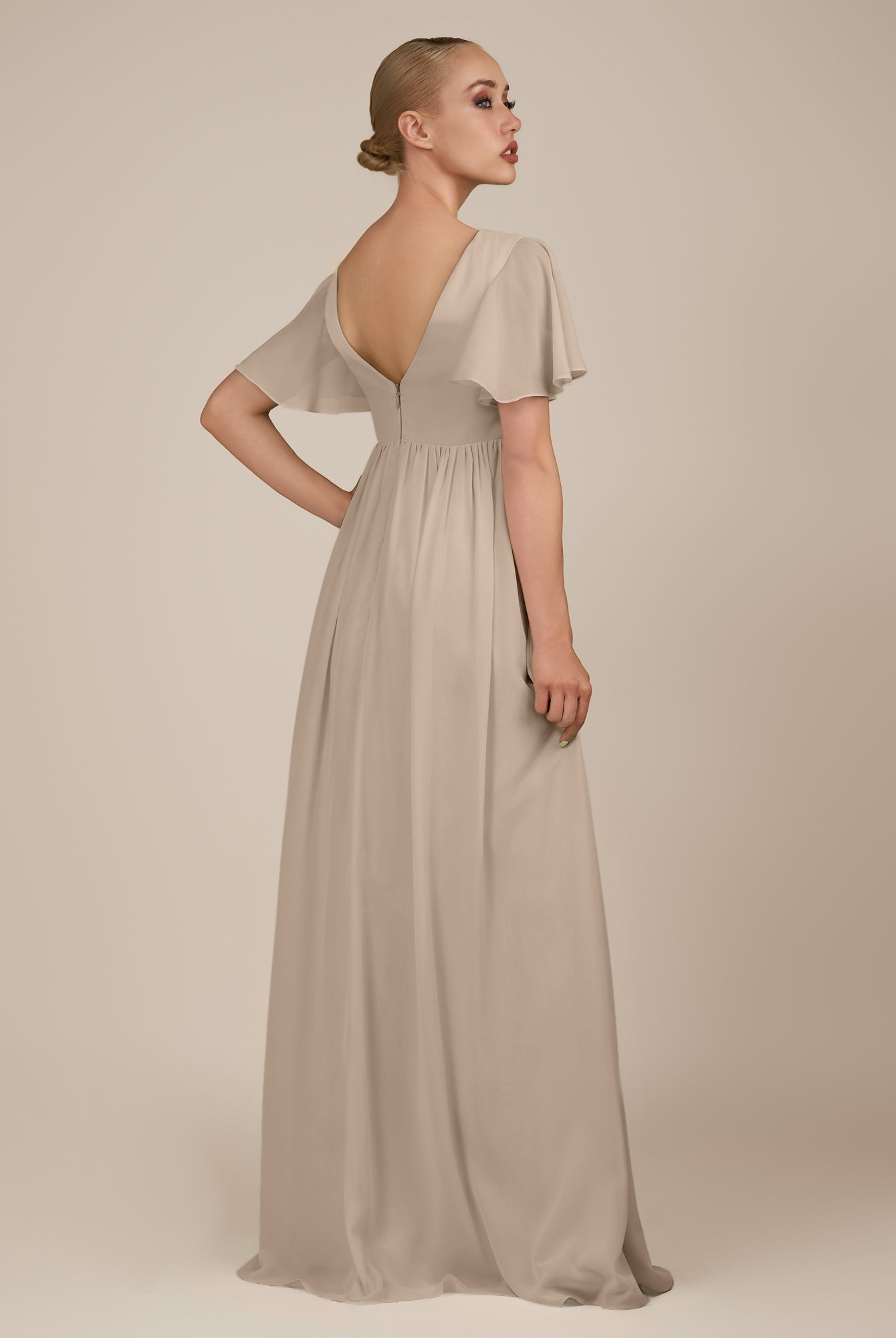 KissDress-Junia Almond A Line V Neck Chiffon Cap Sleeves Long Bridesmaid Dress with Slit