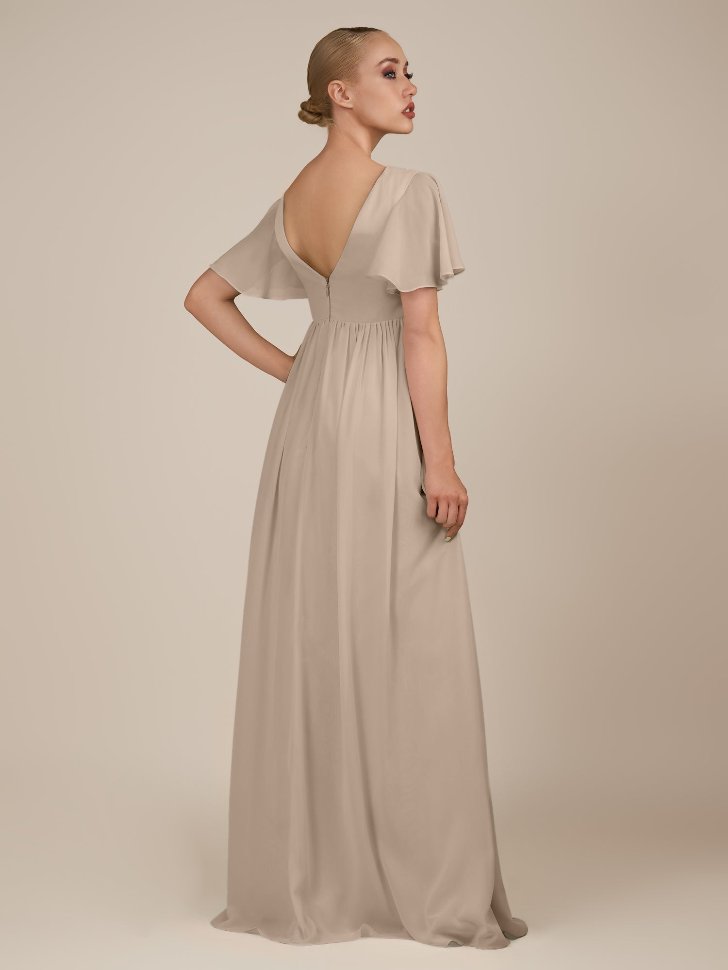 KissDress-Junia Almond A Line V Neck Chiffon Cap Sleeves Long Bridesmaid Dress with Slit