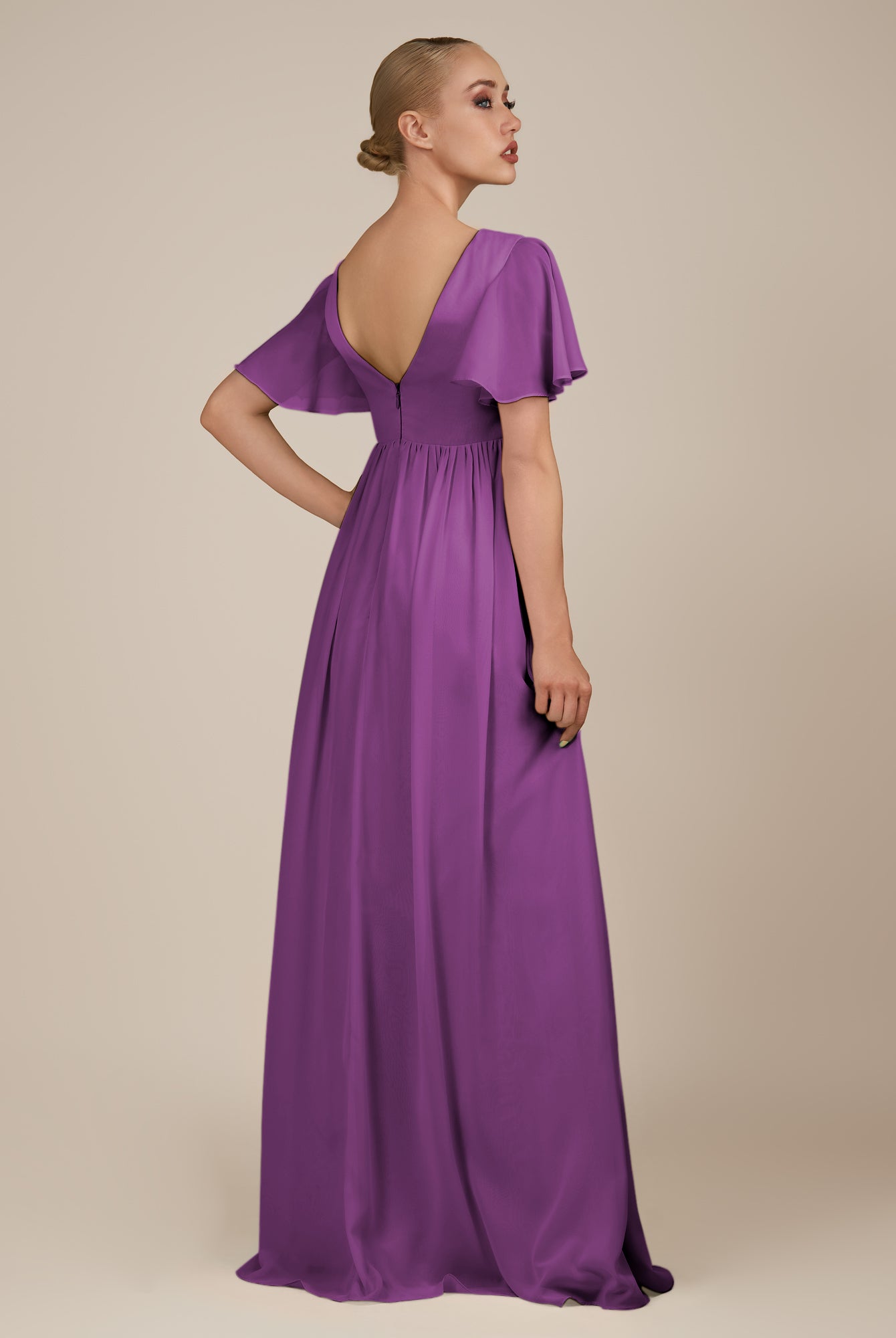 KissDress-Junia Amethyst A Line V Neck Chiffon Cap Sleeves Long Bridesmaid Dress with Slit