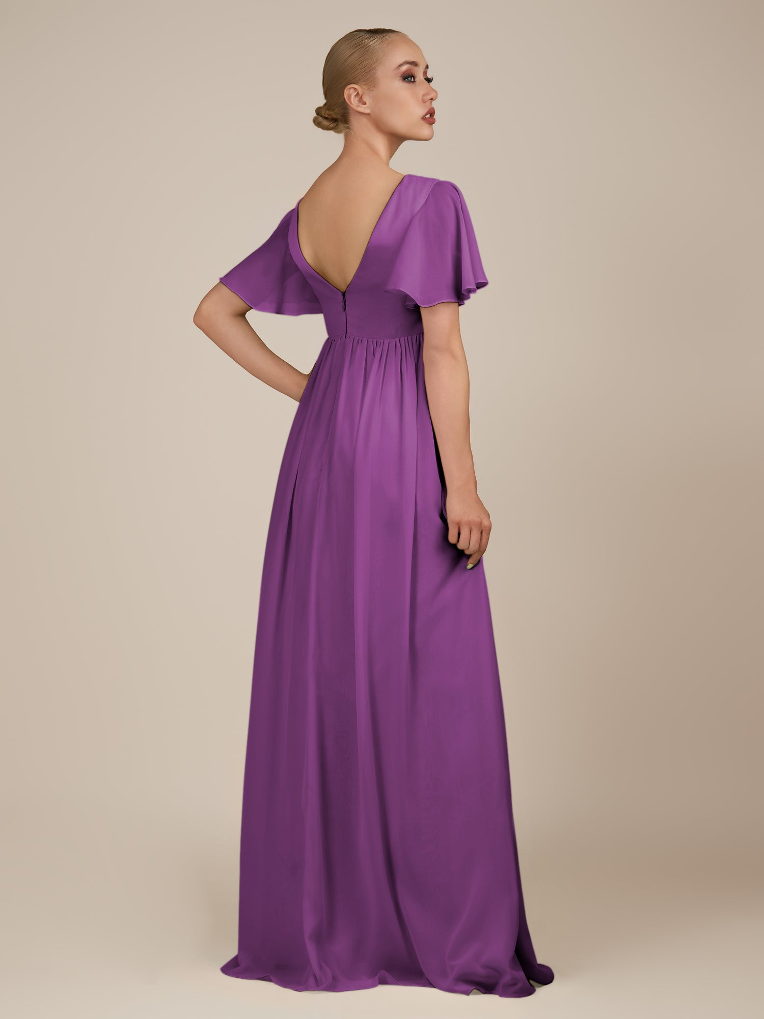 KissDress-Junia Amethyst A Line V Neck Chiffon Cap Sleeves Long Bridesmaid Dress with Slit