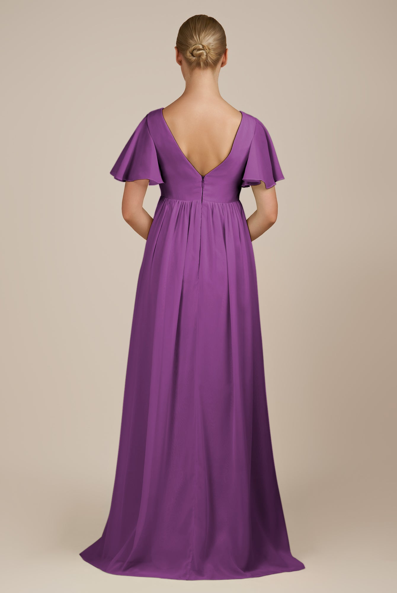 KissDress-Junia Amethyst A Line V Neck Chiffon Cap Sleeves Long Bridesmaid Dress with Slit