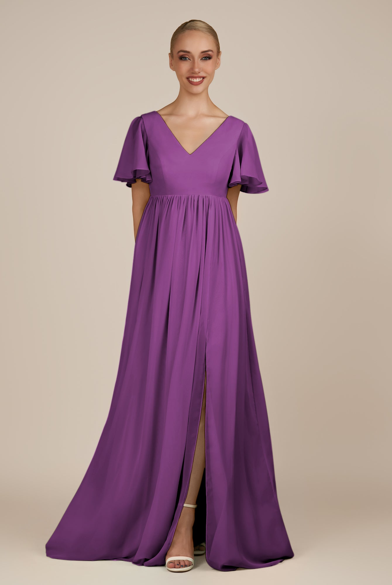 KissDress-Junia Amethyst A Line V Neck Chiffon Cap Sleeves Long Bridesmaid Dress with Slit