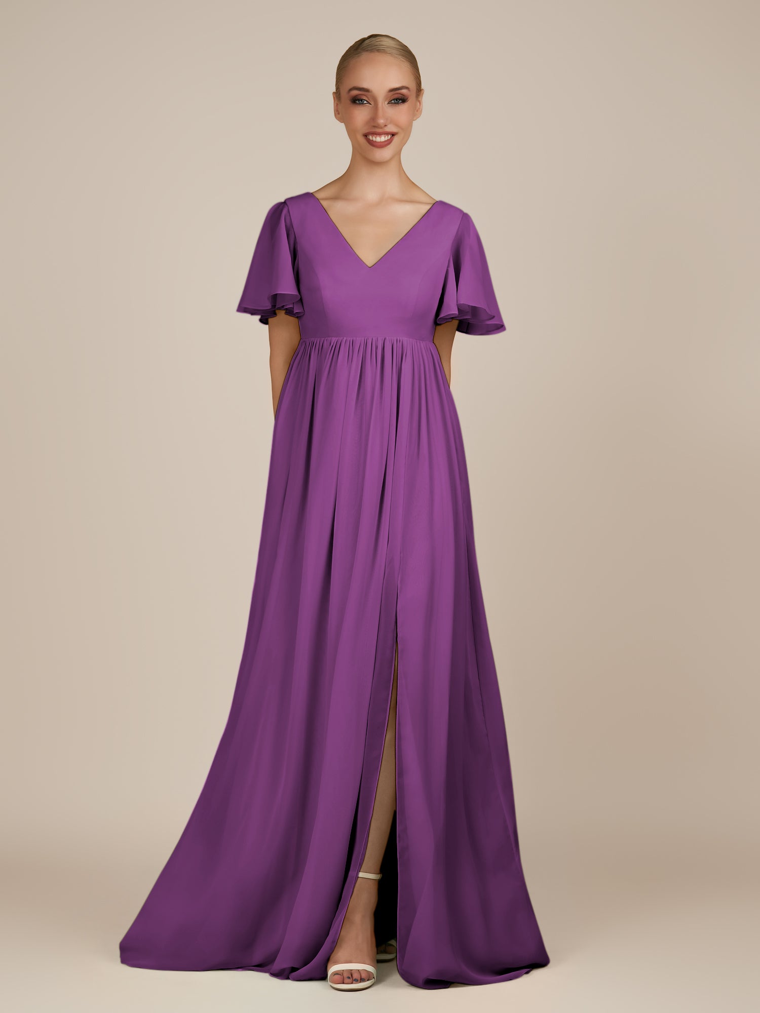 KissDress-Junia Amethyst A Line V Neck Chiffon Cap Sleeves Long Bridesmaid Dress with Slit
