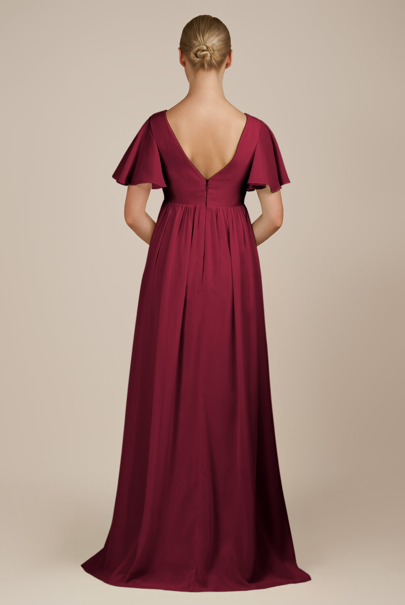 KissDress-Junia Berry A Line V Neck Chiffon Cap Sleeves Long Bridesmaid Dress with Slit