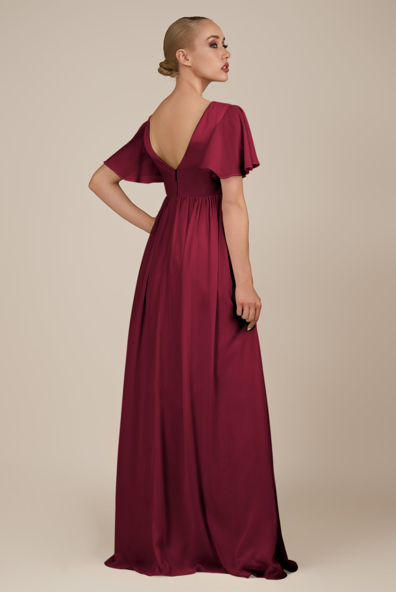KissDress-Junia Berry A Line V Neck Chiffon Cap Sleeves Long Bridesmaid Dress with Slit