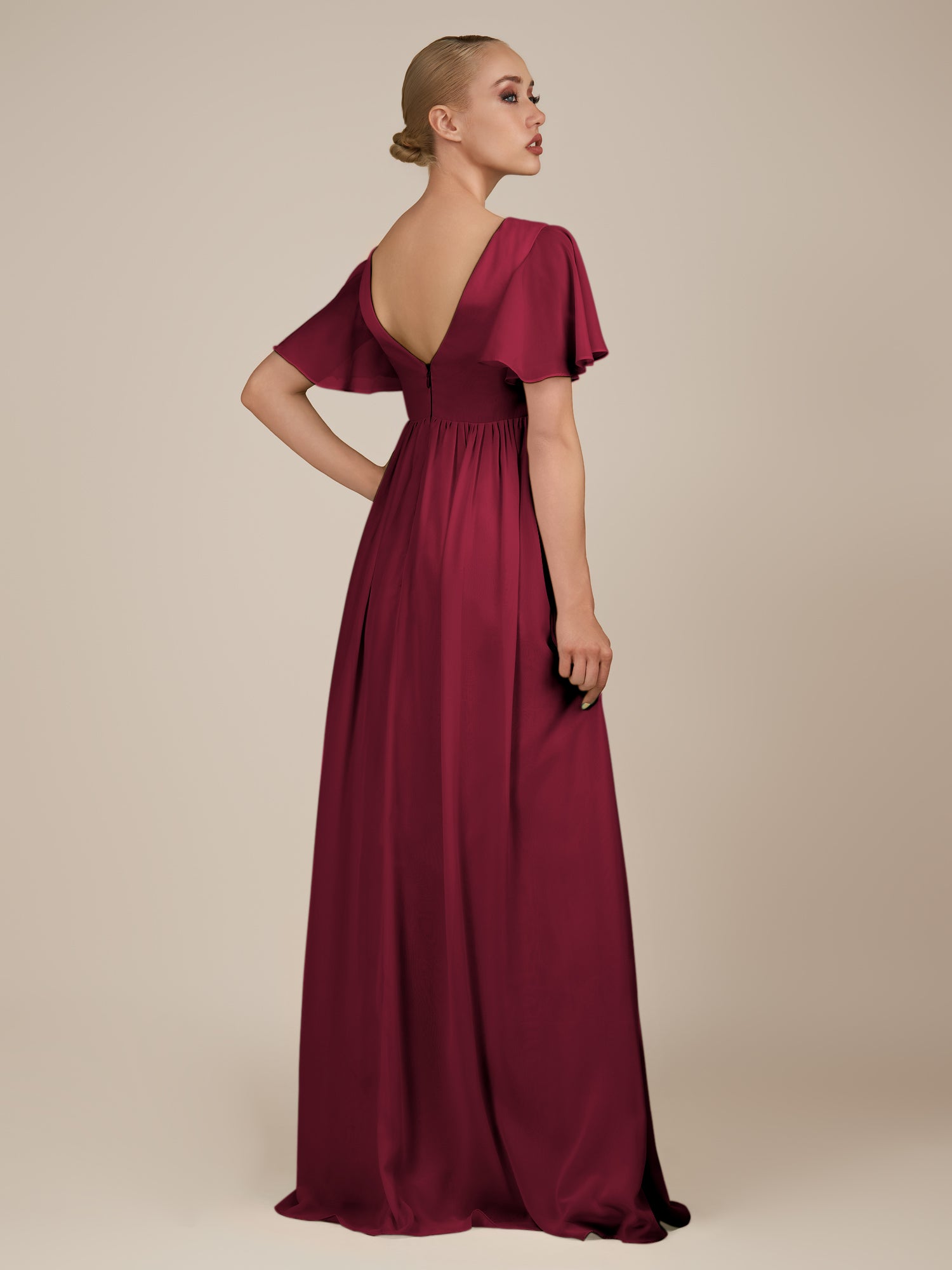 KissDress-Junia Berry A Line V Neck Chiffon Cap Sleeves Long Bridesmaid Dress with Slit