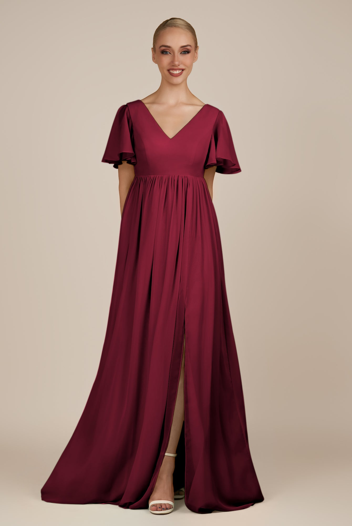 KissDress-Junia Berry A Line V Neck Chiffon Cap Sleeves Long Bridesmaid Dress with Slit