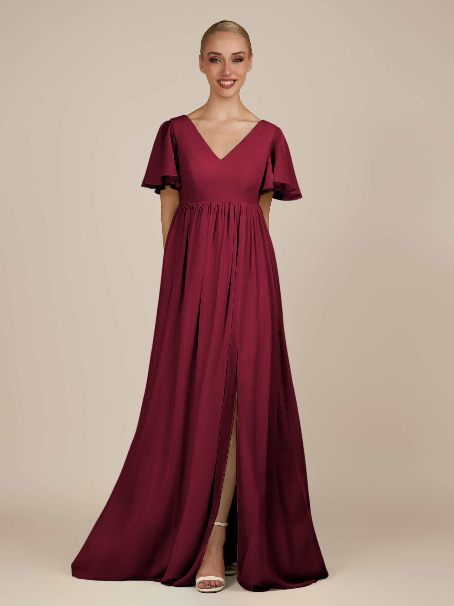 KissDress-Junia Berry A Line V Neck Chiffon Cap Sleeves Long Bridesmaid Dress with Slit