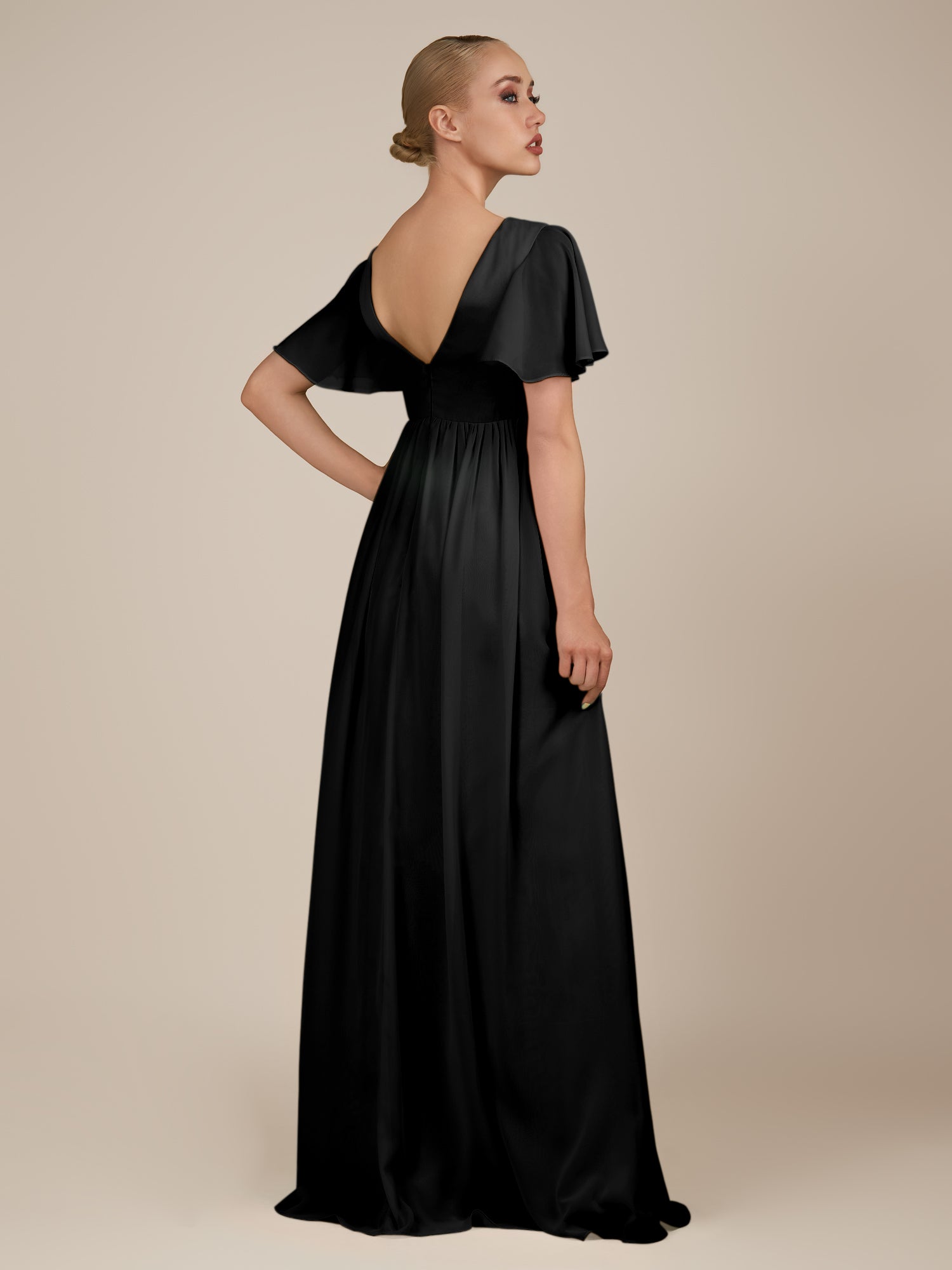 KissDress-Junia Black A Line V Neck Chiffon Cap Sleeves Long Bridesmaid Dress with Slit