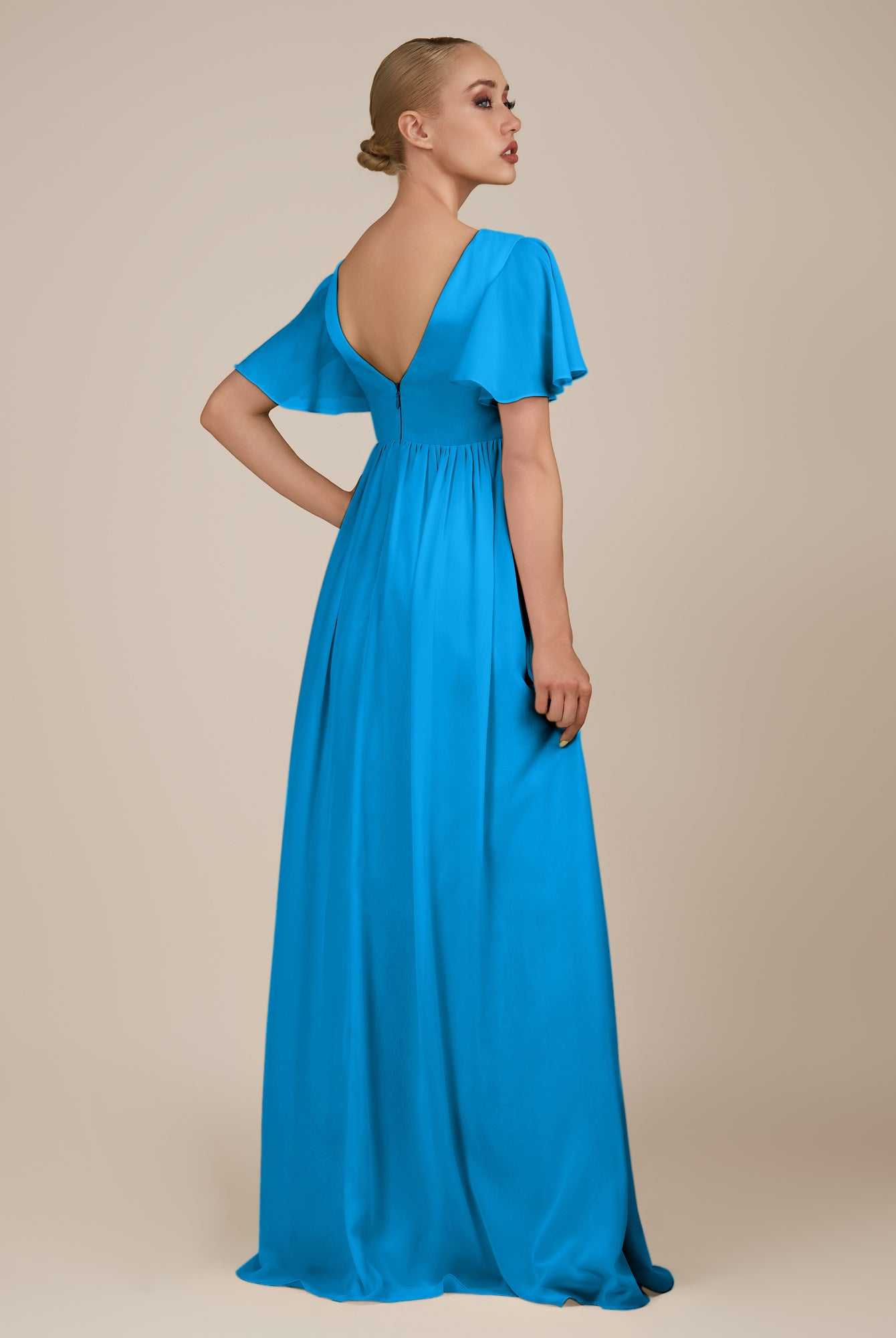 KissDress-Junia Blue Jay A Line V Neck Chiffon Cap Sleeves Long Bridesmaid Dress with Slit