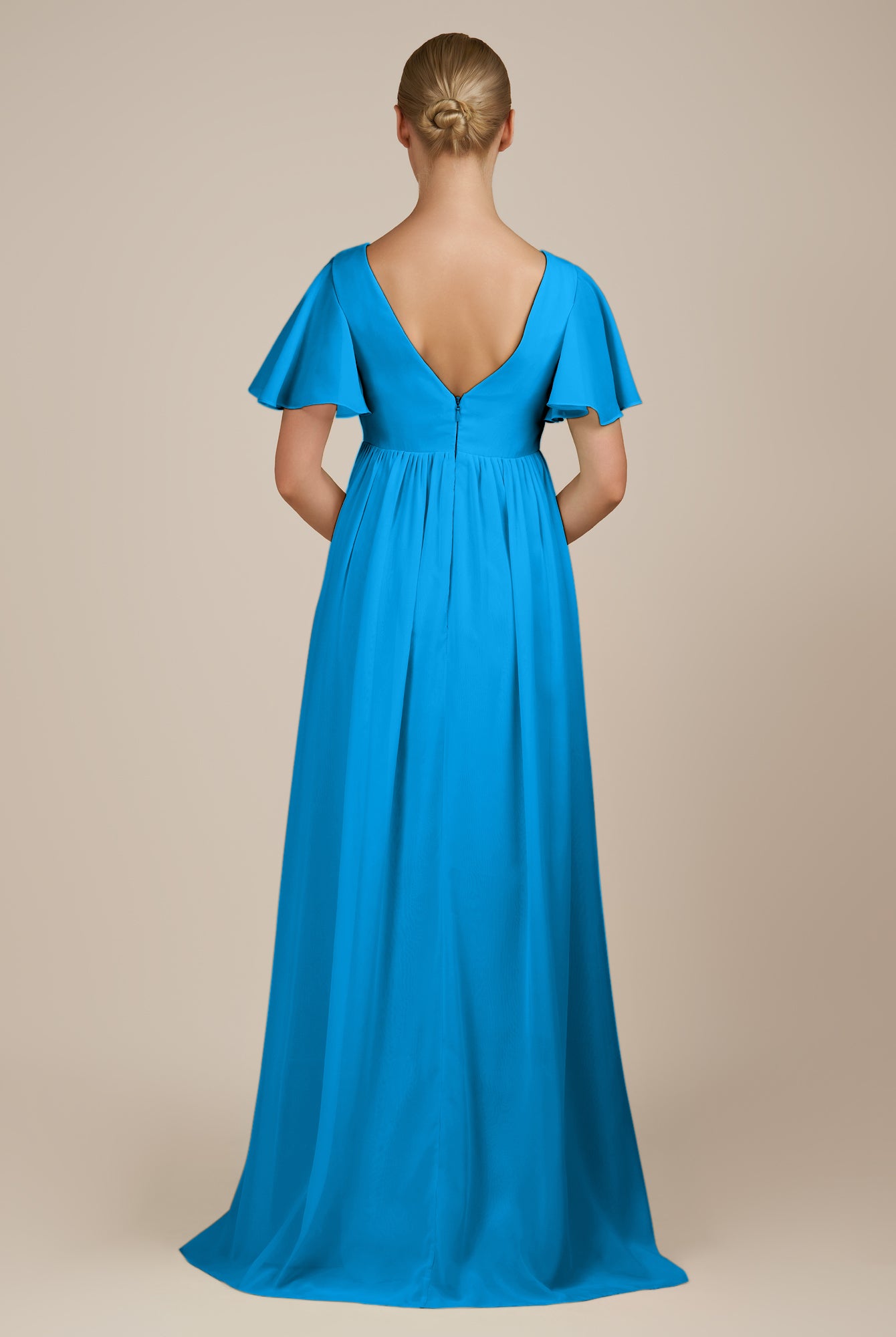 KissDress-Junia Blue Jay A Line V Neck Chiffon Cap Sleeves Long Bridesmaid Dress with Slit