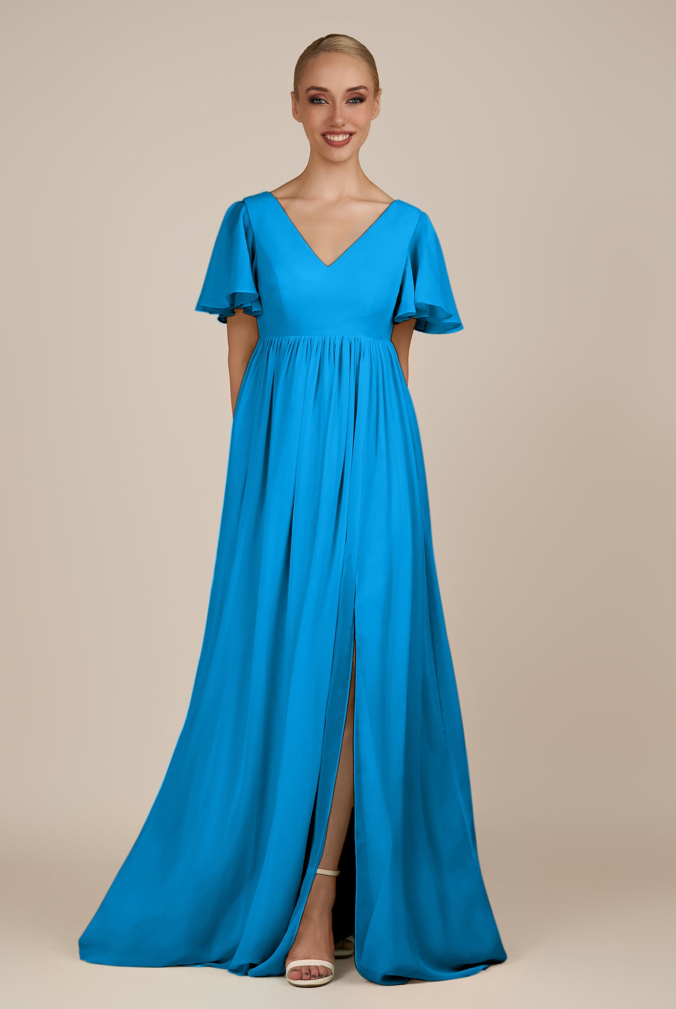 KissDress-Junia Blue Jay A Line V Neck Chiffon Cap Sleeves Long Bridesmaid Dress with Slit