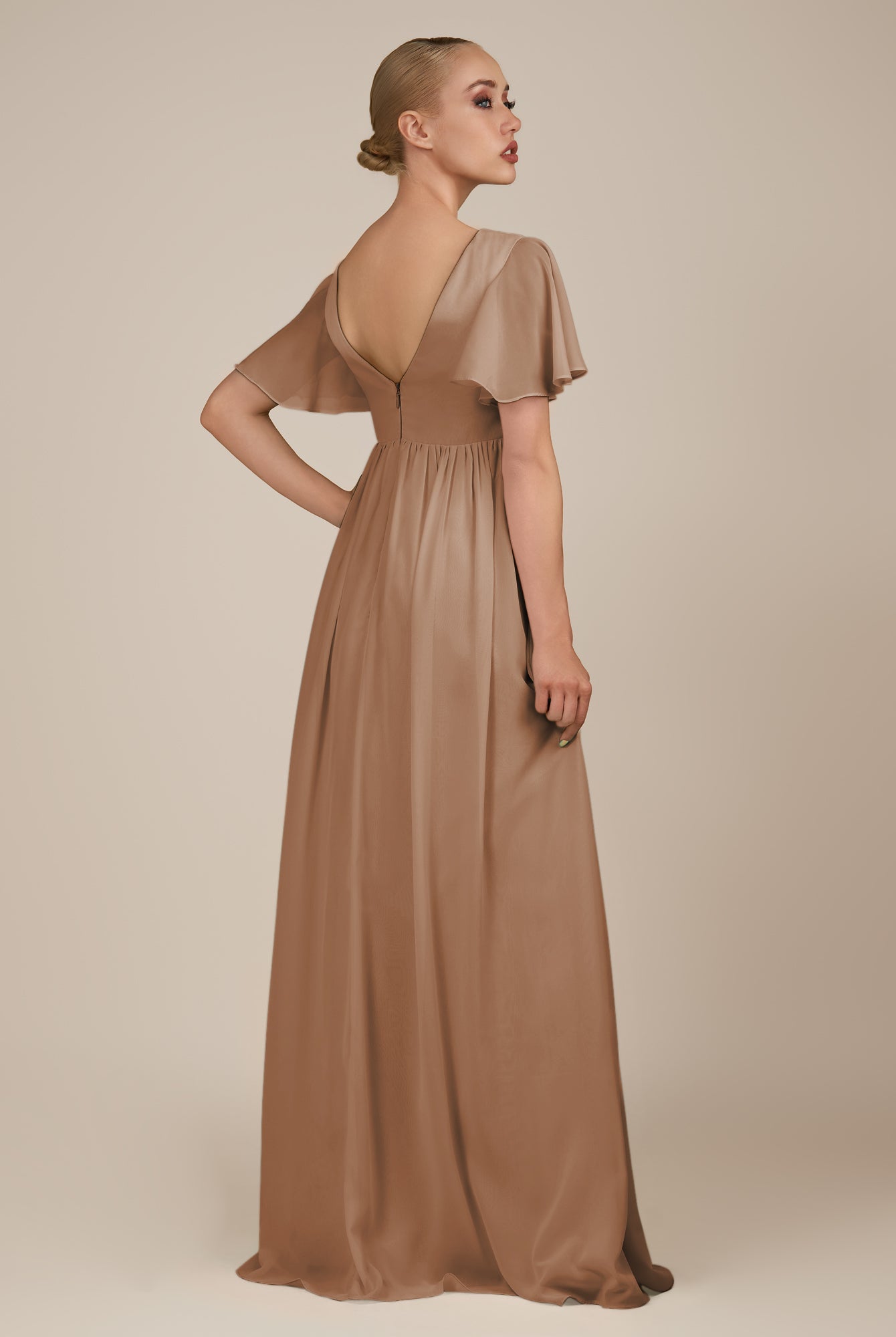 KissDress-Junia Bronzer A Line V Neck Chiffon Cap Sleeves Long Bridesmaid Dress with Slit