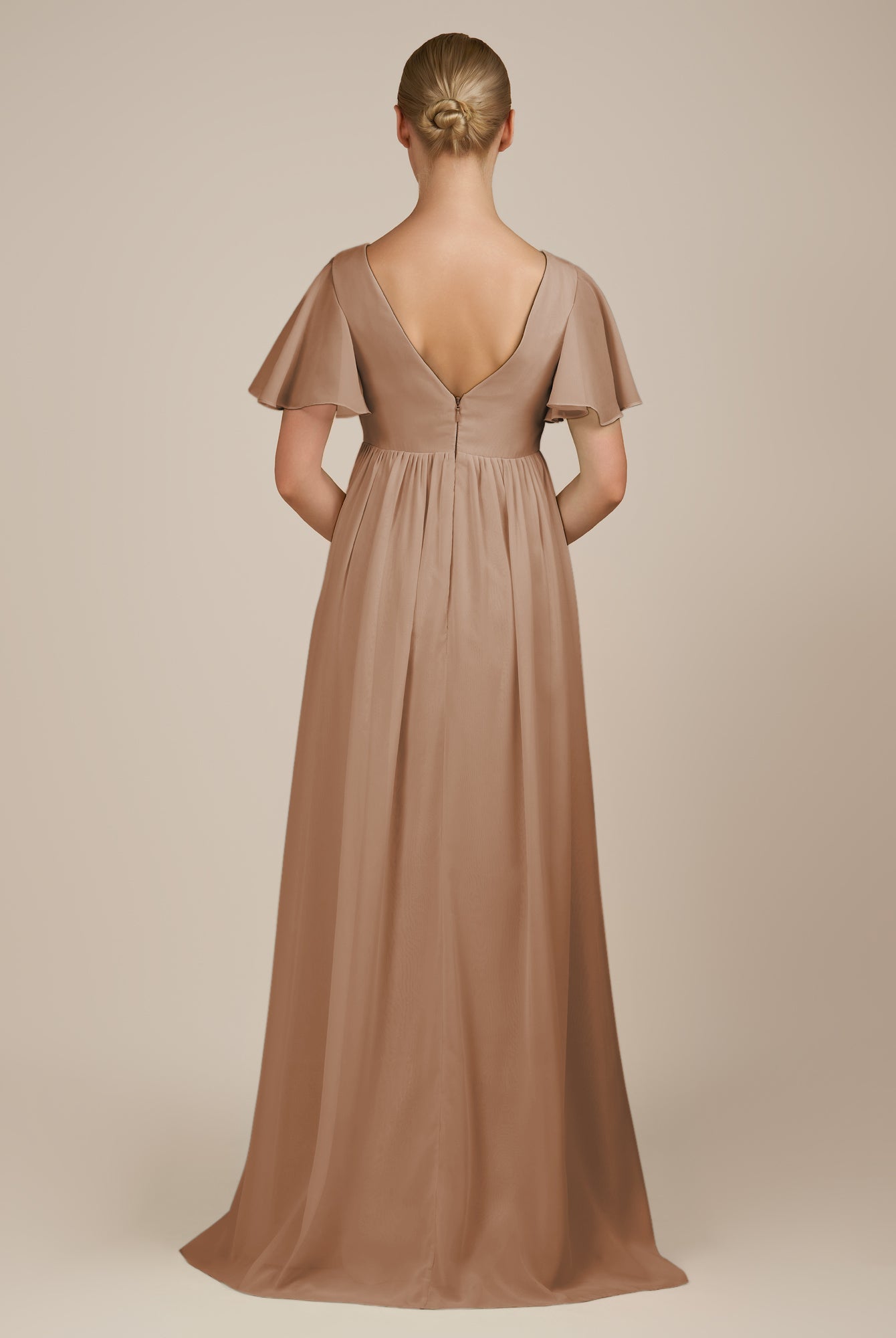 KissDress-Junia Bronzer A Line V Neck Chiffon Cap Sleeves Long Bridesmaid Dress with Slit