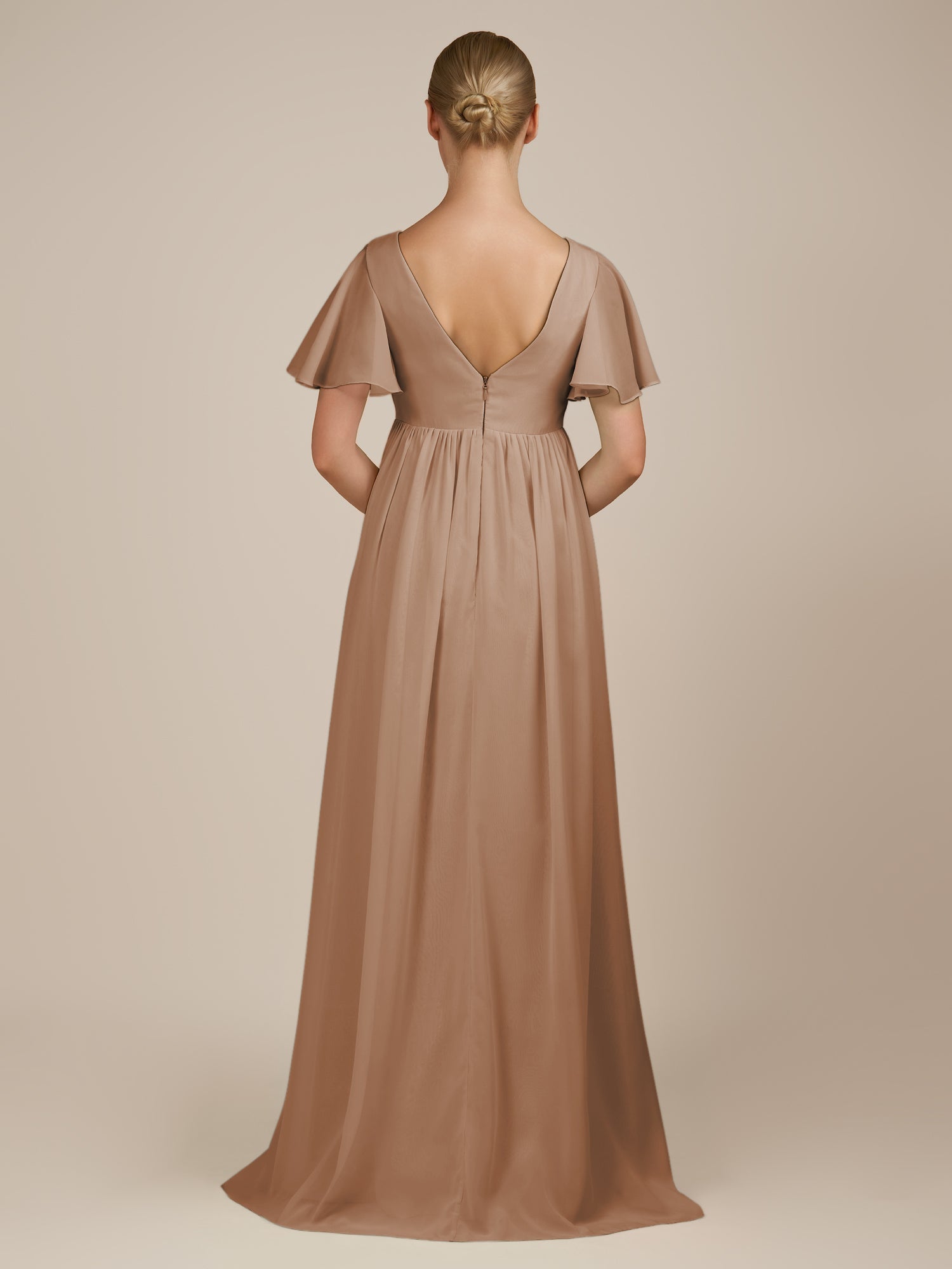 KissDress-Junia Bronzer A Line V Neck Chiffon Cap Sleeves Long Bridesmaid Dress with Slit
