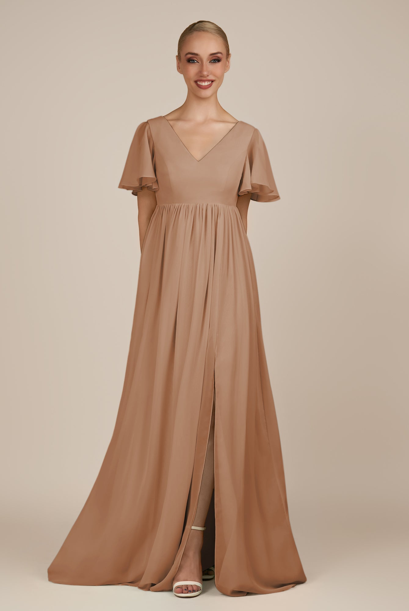 KissDress-Junia Bronzer A Line V Neck Chiffon Cap Sleeves Long Bridesmaid Dress with Slit